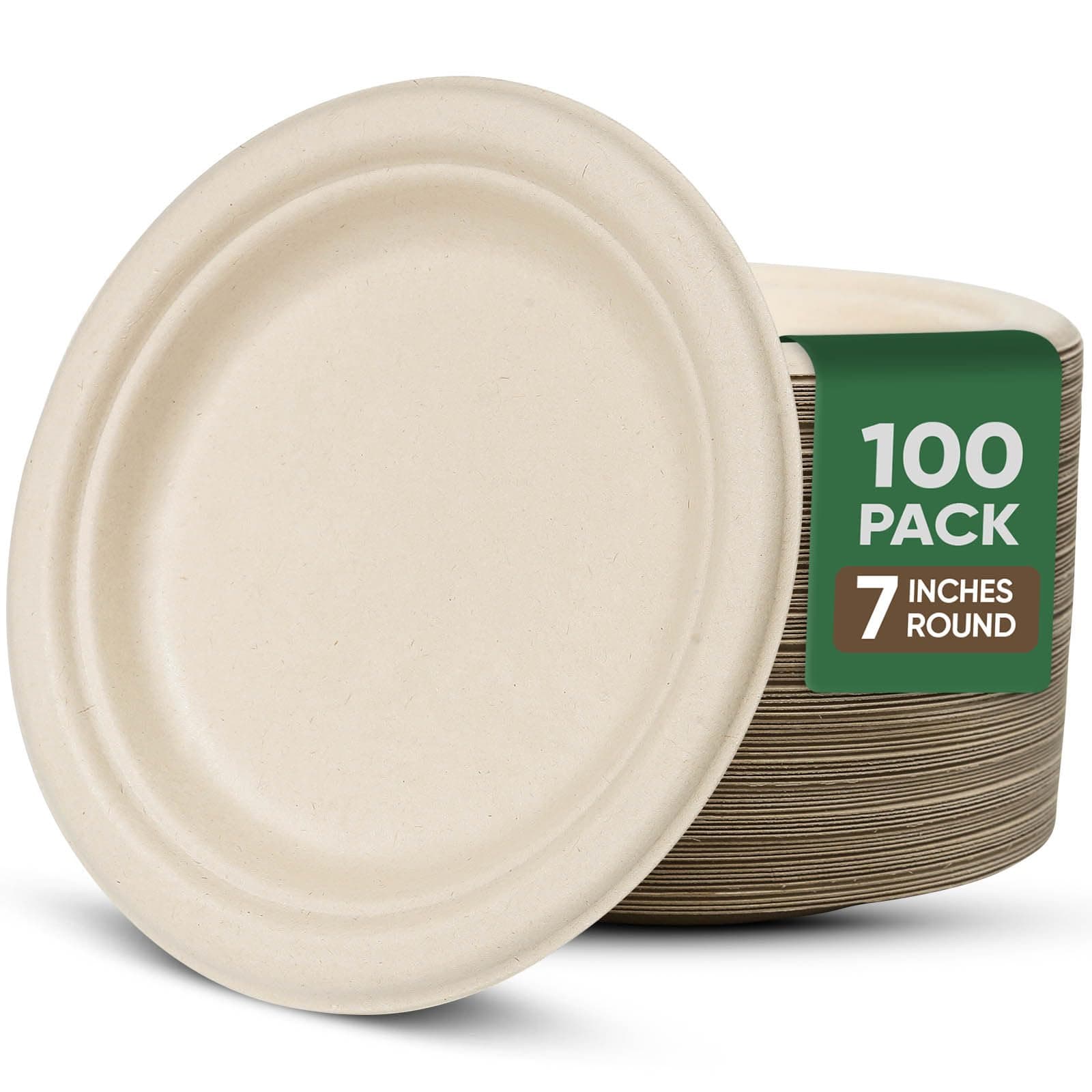7 Inch Paper Plates 100 Pack - 100% Compostable Disposable Plates, Heavy Duty Dessert Plates, Biodegradable Sugarcane Plates for Party (Microwavable, Oil/Water Proof, Eco-Friendly, Brown)