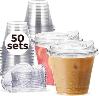 9 oz Clear Plastic Cups with Strawless-Sip-Lids, 50 Sets Disposable Cups Plastic Iced Coffee Cups, To Go Cups with Sip Through Lids for Smoothie, Milkshake, Cold Drinks for Party, Wedding, Event