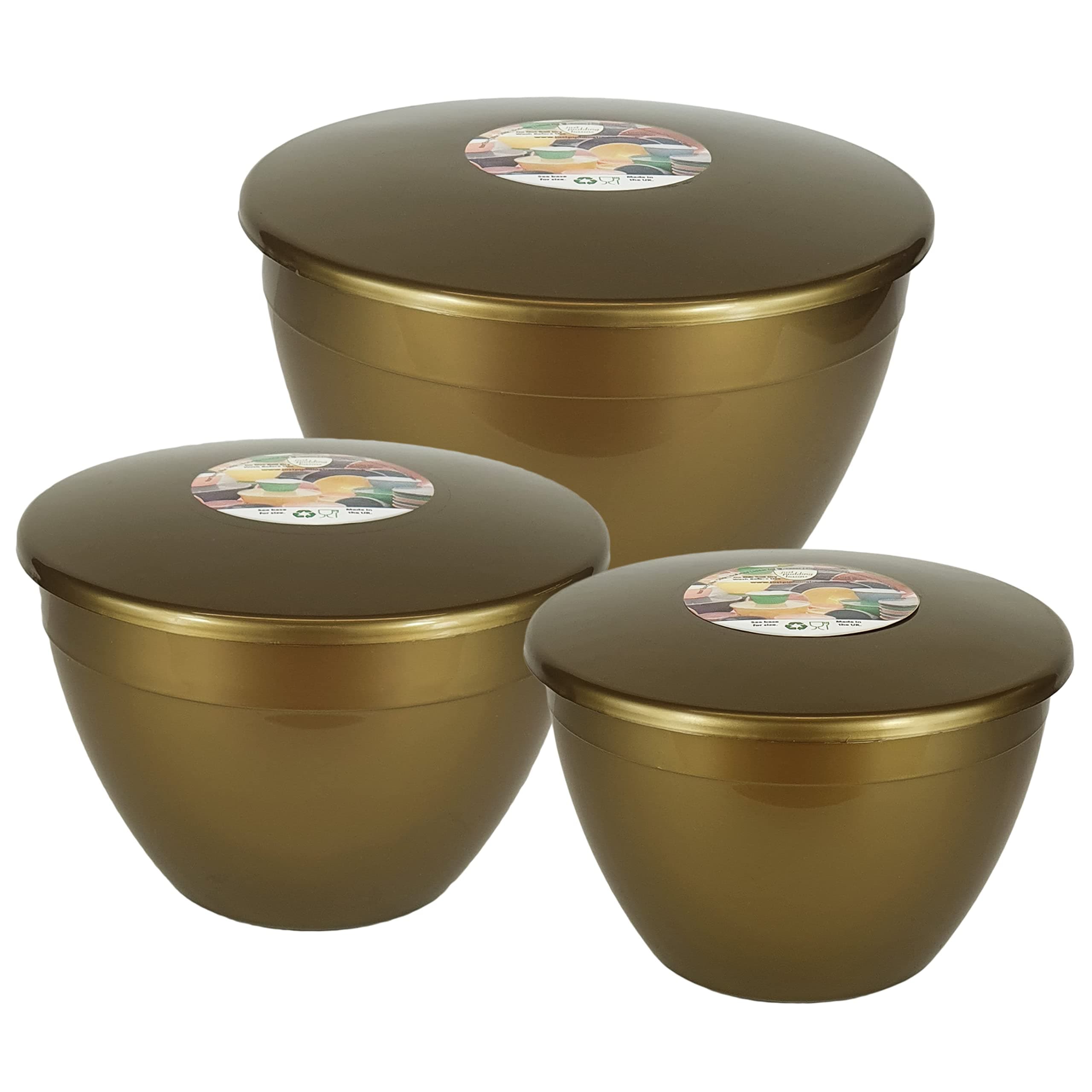 Just Pudding Basins 3 Larger Bowl Sizes and Lids in 1 Set, 1x 1.5 pint (850ml), 1x 2 pint (1.14lt), 1x 3 pint (1.71lt) Gold