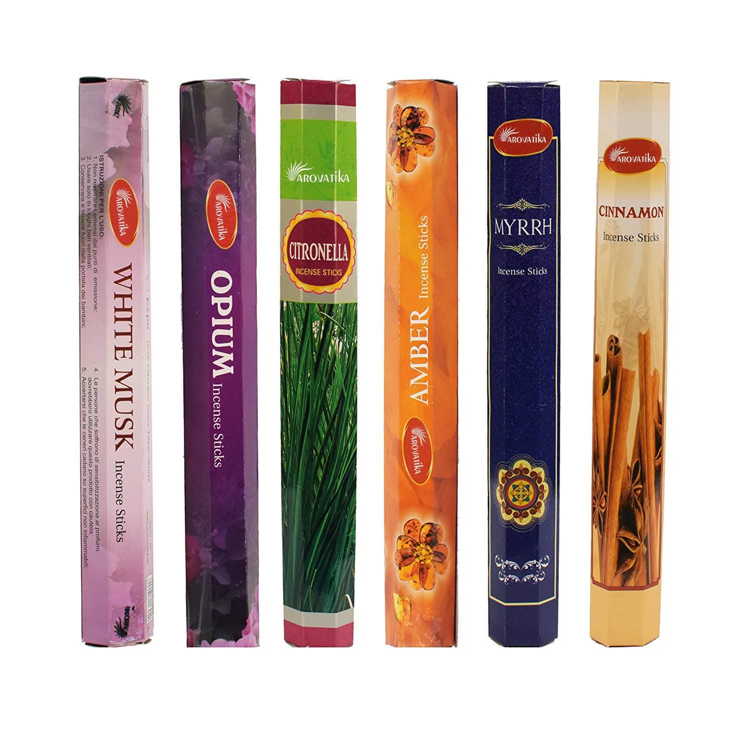 ARO VATIKA Hexa Variety Pack 'D' (6 Boxes X 20 Sticks= 120 Sticks) Incense Sticks White Musk, Op., Citro, Amber, Cinnamon