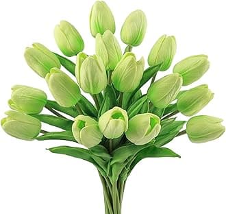 Beferr 18pcs Tulips Artificial Flowers Faux Tulip Real Touch Fake Flowers Bouquets Arrangements for Easter Spring Flowers Home Table Decor Green