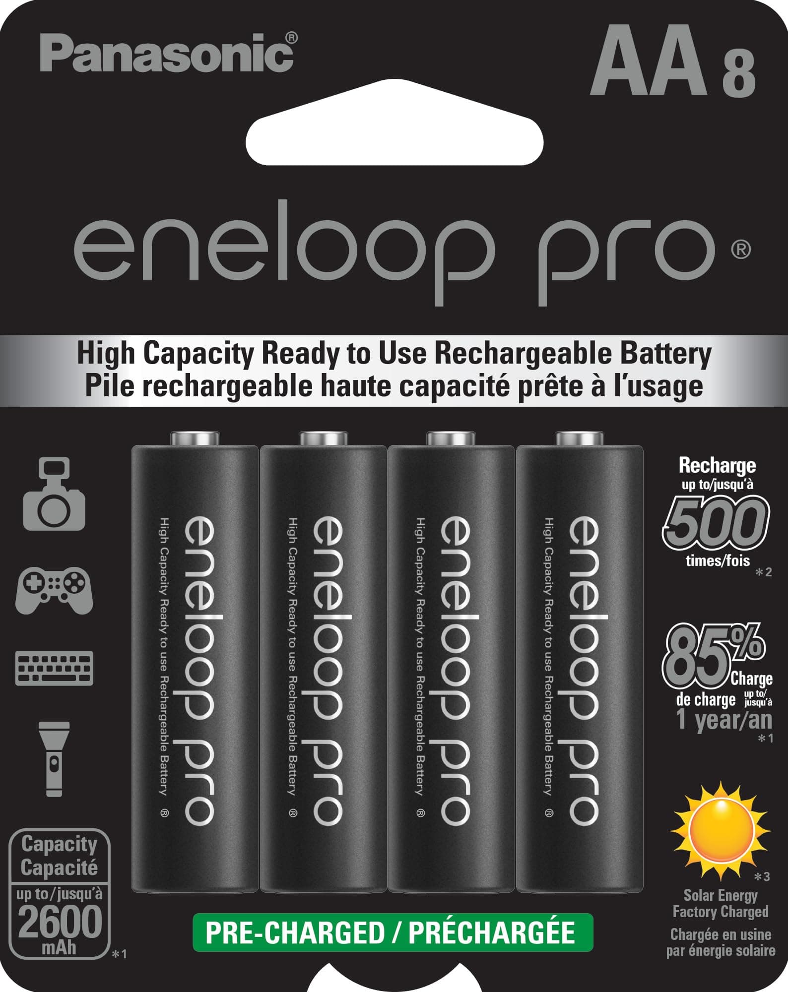 Panasonic Eneloop Pro AA High Capacity Ni-MH Pre-Charged Rechargeable Batteries, 8-Pack