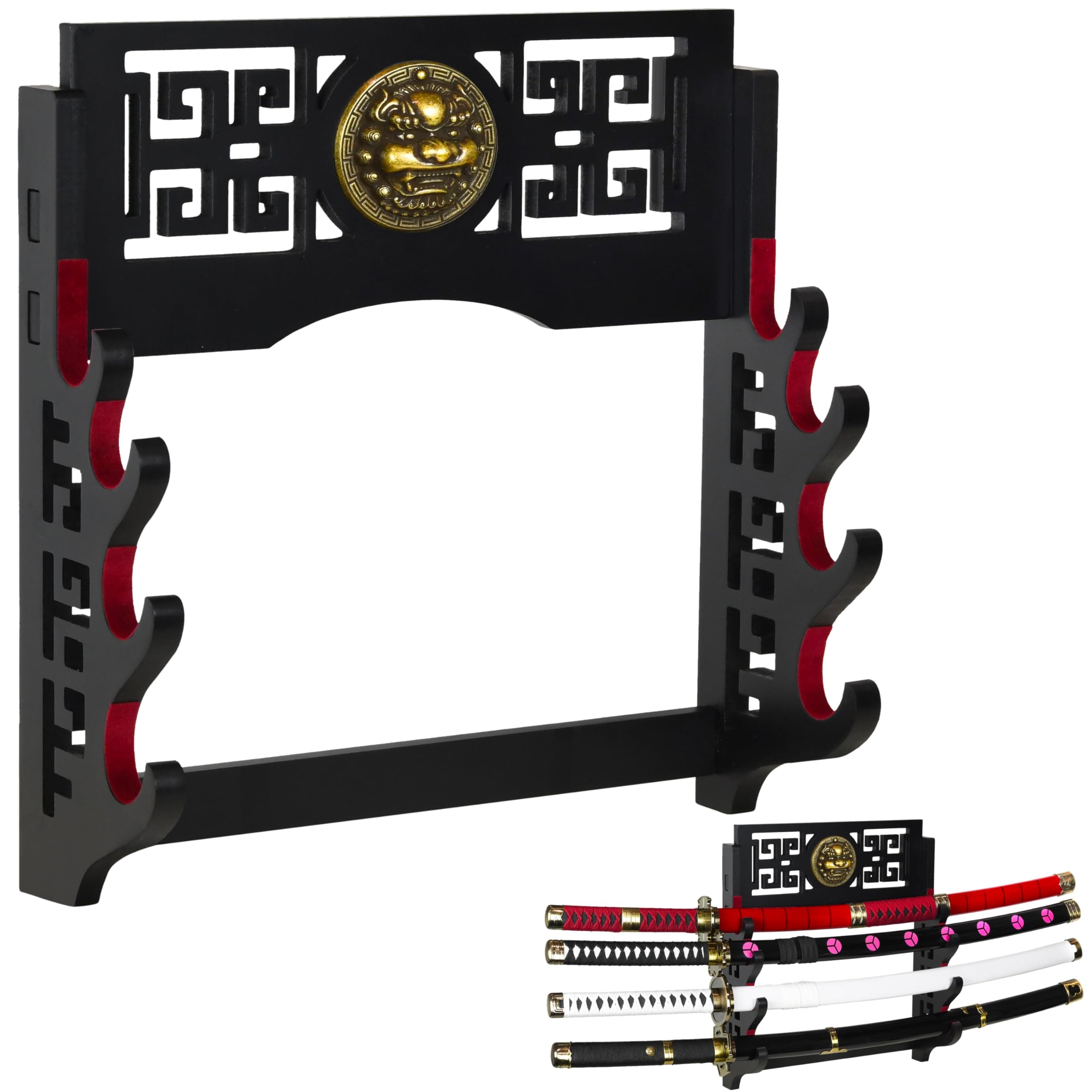 Logest Wall Mount Sword Holder - 4 Tier Options Available - Crafted Using Wood Katana Holder - Furnished in Black With a Gold Lion’s Head - Desirable Sword Display Gift - Sword Holder Wall (4-Tier)