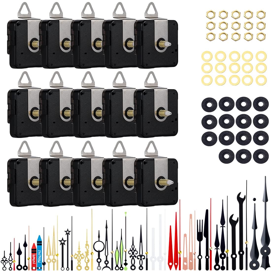 EMOON 15-Piece Clock Mechanism Replacement Kit with 16 Pack Hands, Silent Sweep Clock Motor Kit, Battery Operated, Black, Modern Style, Wall Mount, 2.7 x 17 Inches, 1 AA Battery