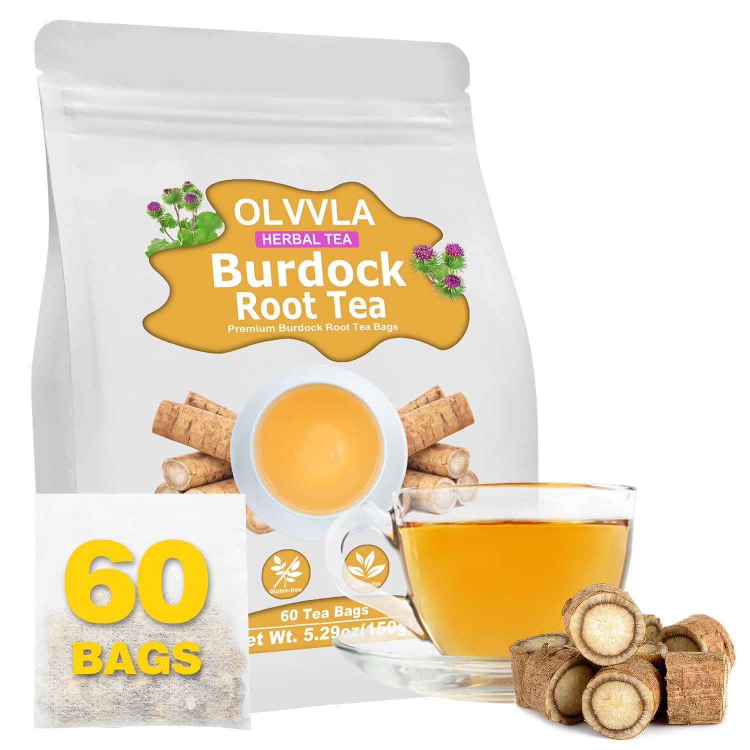 Premium Burdock Root Tea - 2.5g X 60 Count - 100% Pure Natural Burdock Herbal Tea bags - Caffeine-free Burdock Tea - Help to Detox & Digestive Support