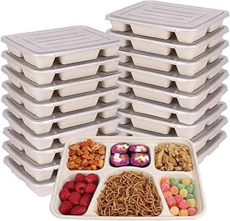 Sugarcane Fiber 40 oz 6 Compartments disposable plates with Lids Bagasse Plant Fibers Freezer Safe 25 Pack