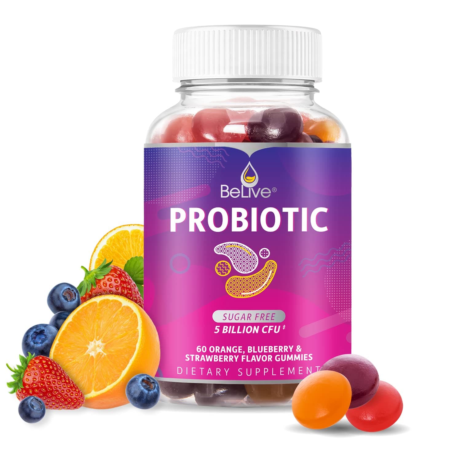 – Probiotic Gummies - Probiotics with 5 Billion CFUs for Digestive Health, Men, Women & Kids - for Immune Support, Sugar Free & Vegan | 60 Ct – Blueberry, Strawberry & Orange (60 Count)