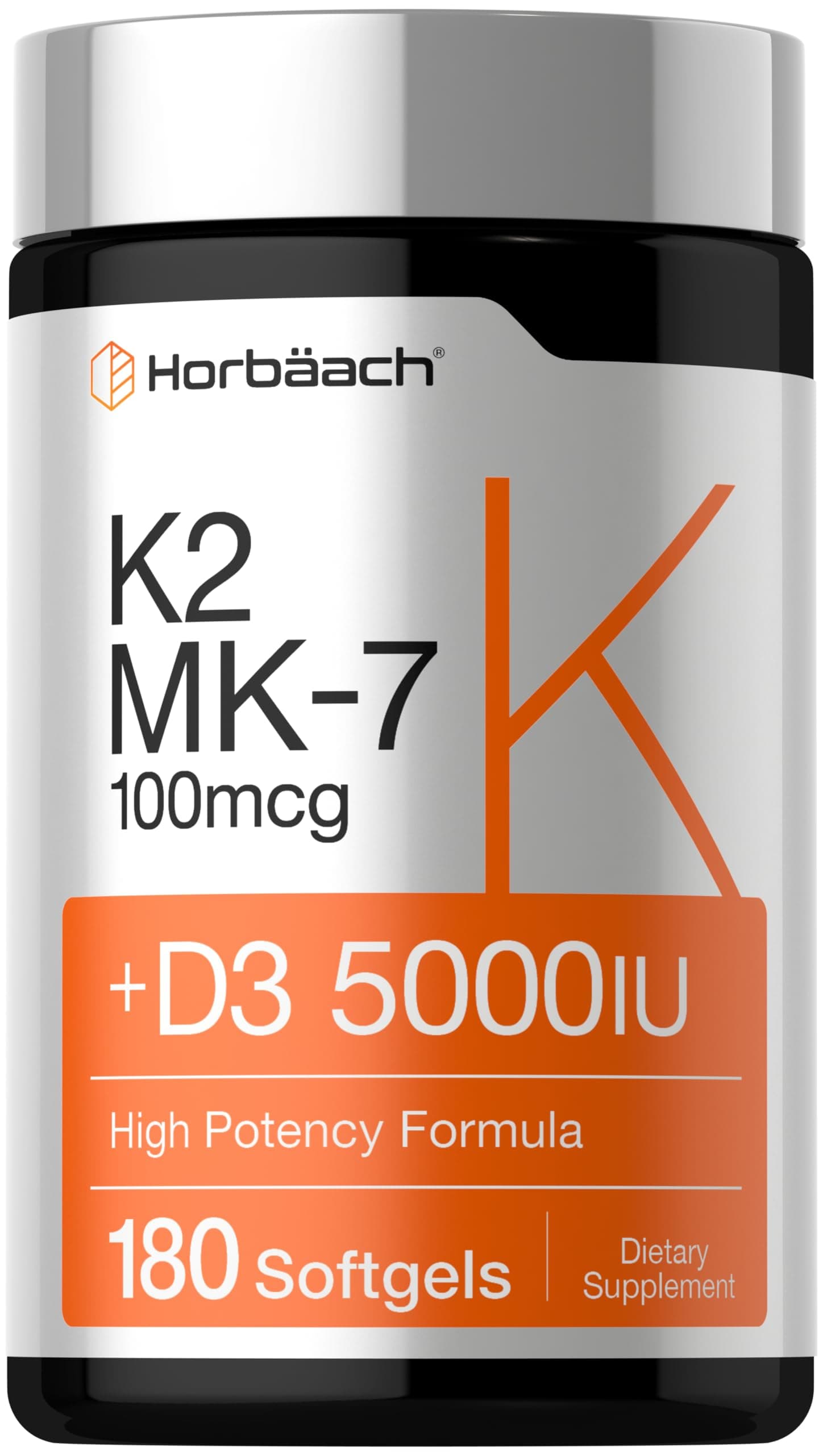 Horbäach Vitamin D3 K2 5000 iu | 100mcg MK-7 Complex | 180 Softgel Capsules | Non-GMO & Gluten Free Supplement