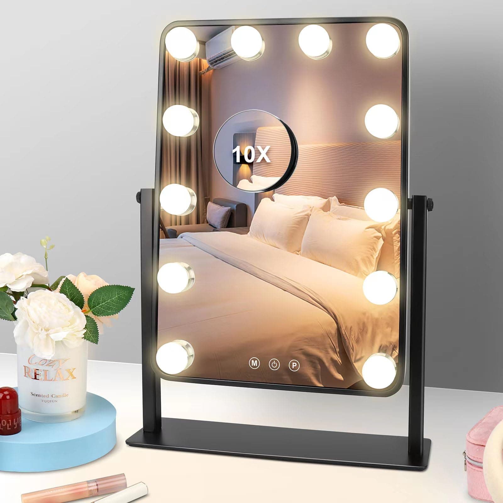 Lighted Makeup Mirror I Vanity Mirror with Lights Hollywood Vanity Mirror with Lights,12 Led Bulbs Lighted Vanity Mirror with Detachable 10X Magnification,Touch Control 3 Colors Dimable