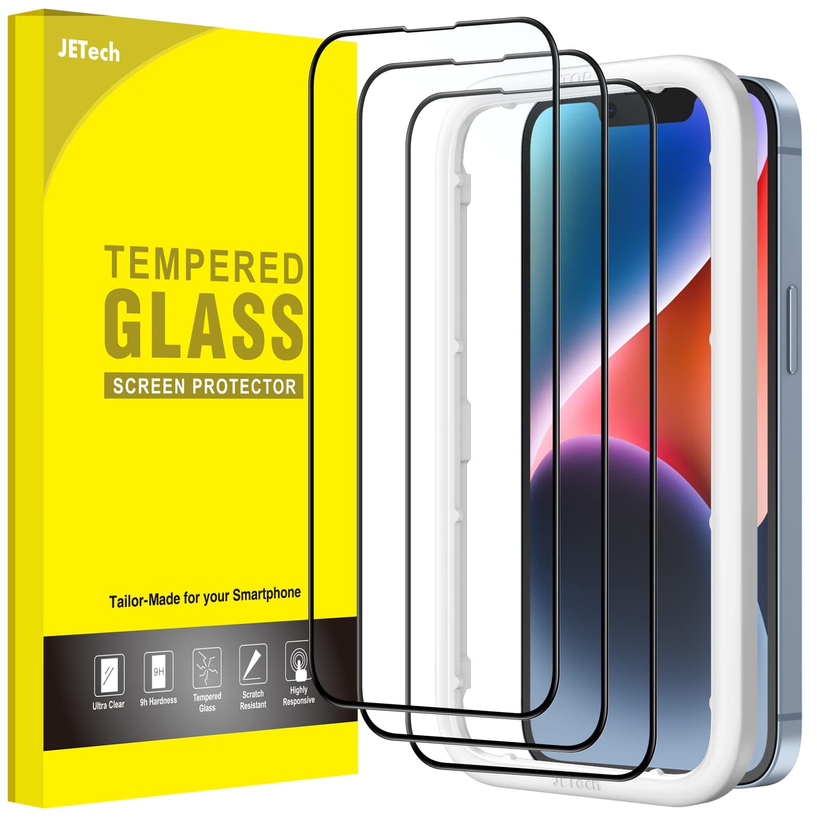 JETech Full Coverage Screen Protector for iPhone 17e (2026) / iPhone 16e / iPhone 14, Black Edge Tempered Glass Film with Easy Installation Tool, Case-Friendly, HD Clear, 6.1-Inch Display, 3-Pack