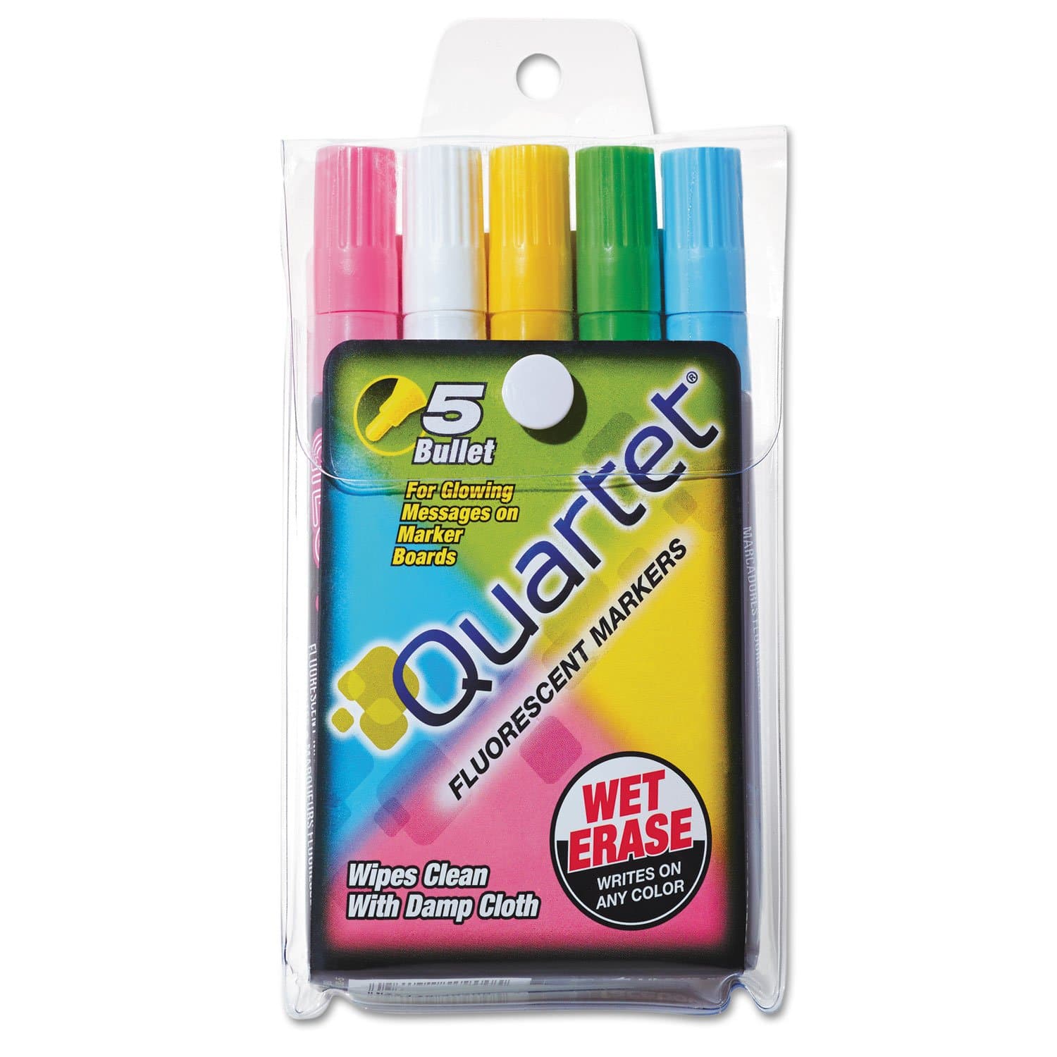 Quartet Glo-Write Fluorescent Markers, Bullet Tip, Wet-Erase, White Board Dry Erase Pens for Teachers, Home School & Office Supplies, Assorted Bold Colors, 5 Pack (5090)