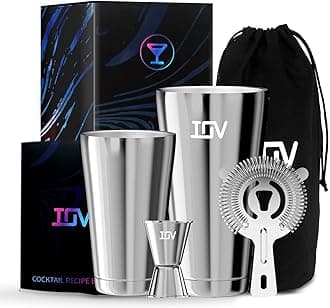 IOV Boston Cocktail Shaker Bar Set, Bartender Kit Drink Mixer Set with 18 oz & 28 oz Boston Shakers, Hawthorne Strainer, Double Jigger, Bar Tool Kit and Recipe Booklet - Silver