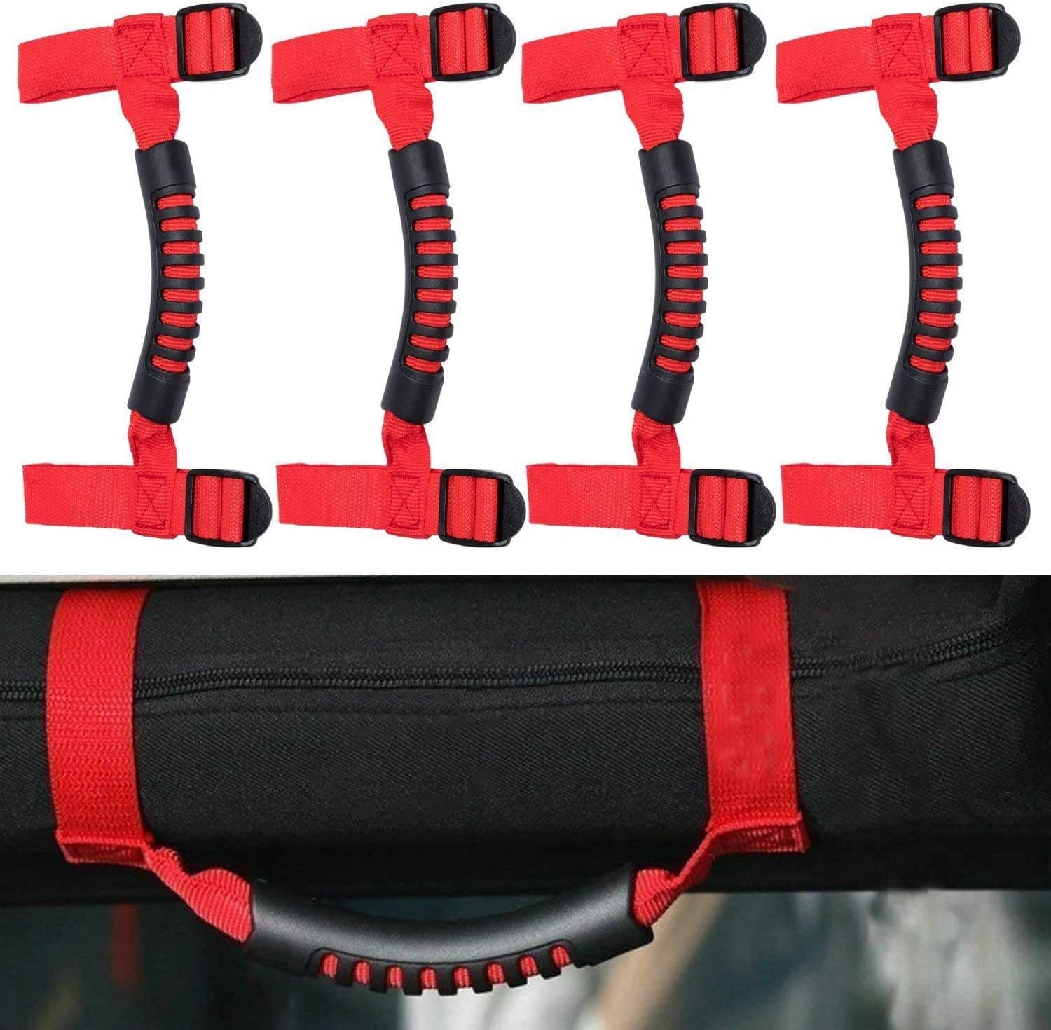 4 Pcs Roll Bar Grab Handles, Grip Handle for 1987-2020 Jeep Wrangler Jeep Wrangler Accessories YJ TJ JK JKU JL JLU Sports Sahara Freedom Rubicon X & Unlimited (Red)