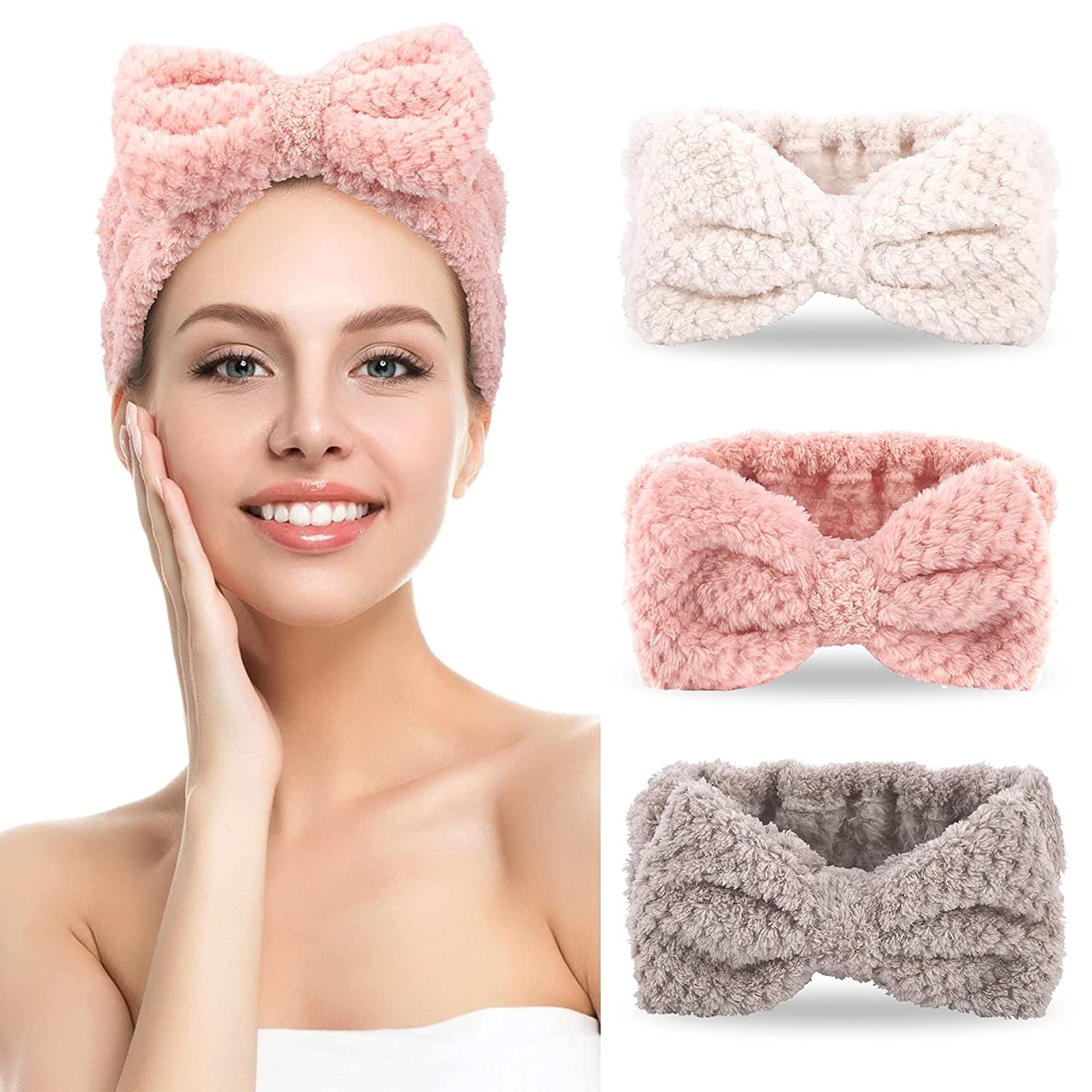 jaymag 3 Pack Spa Headbands, Elastic Microfiber Headband For Washing Face, Yoga Sports Shower Facial Makeup Headband, Skincare Headbands, Coral Fleece Bowknot Hair Bands For Women (White,Pink, Brown)