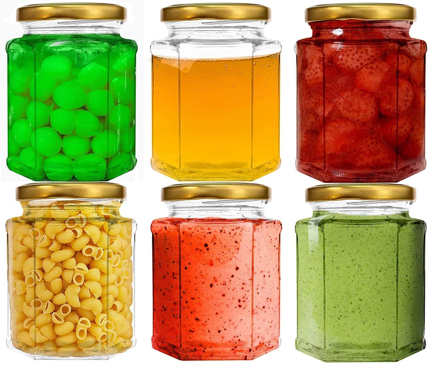 Ventuos K Group 700ml HexaGonal Shape Glass KItchen Storage Container For food, Sneacks, Spices And Pickle Jar,Set Of 6 with Glod Lid.