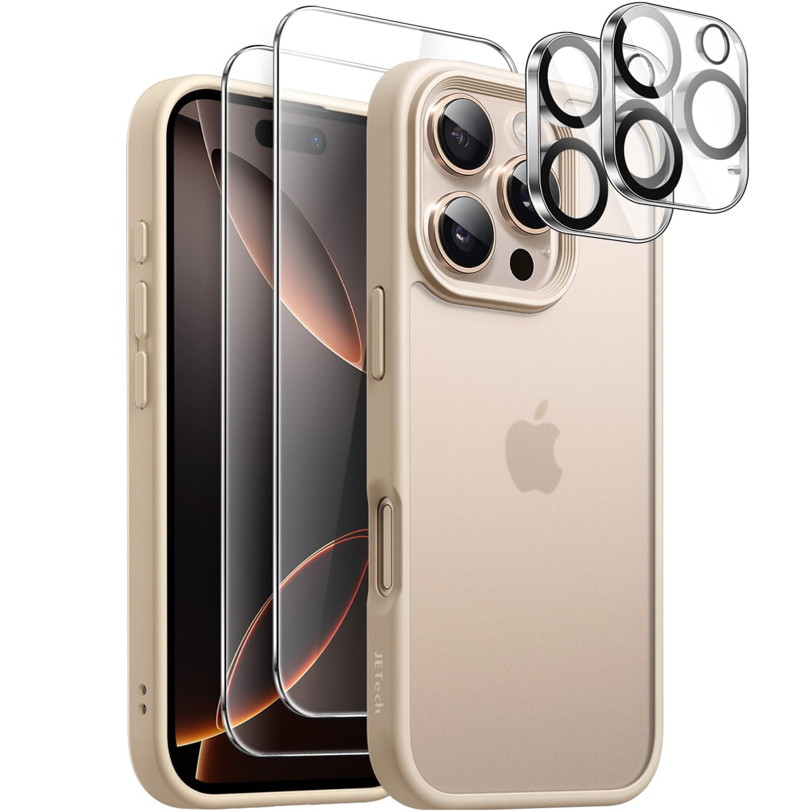 JETech 5 in 1 Matte Case for iPhone 16 Pro Max 6.9-Inch with 2-Pack Each Tempered Glass Screen Protector and Camera Lens Protector, Translucent Back Shockproof Phone Cover (Desert Titanium)