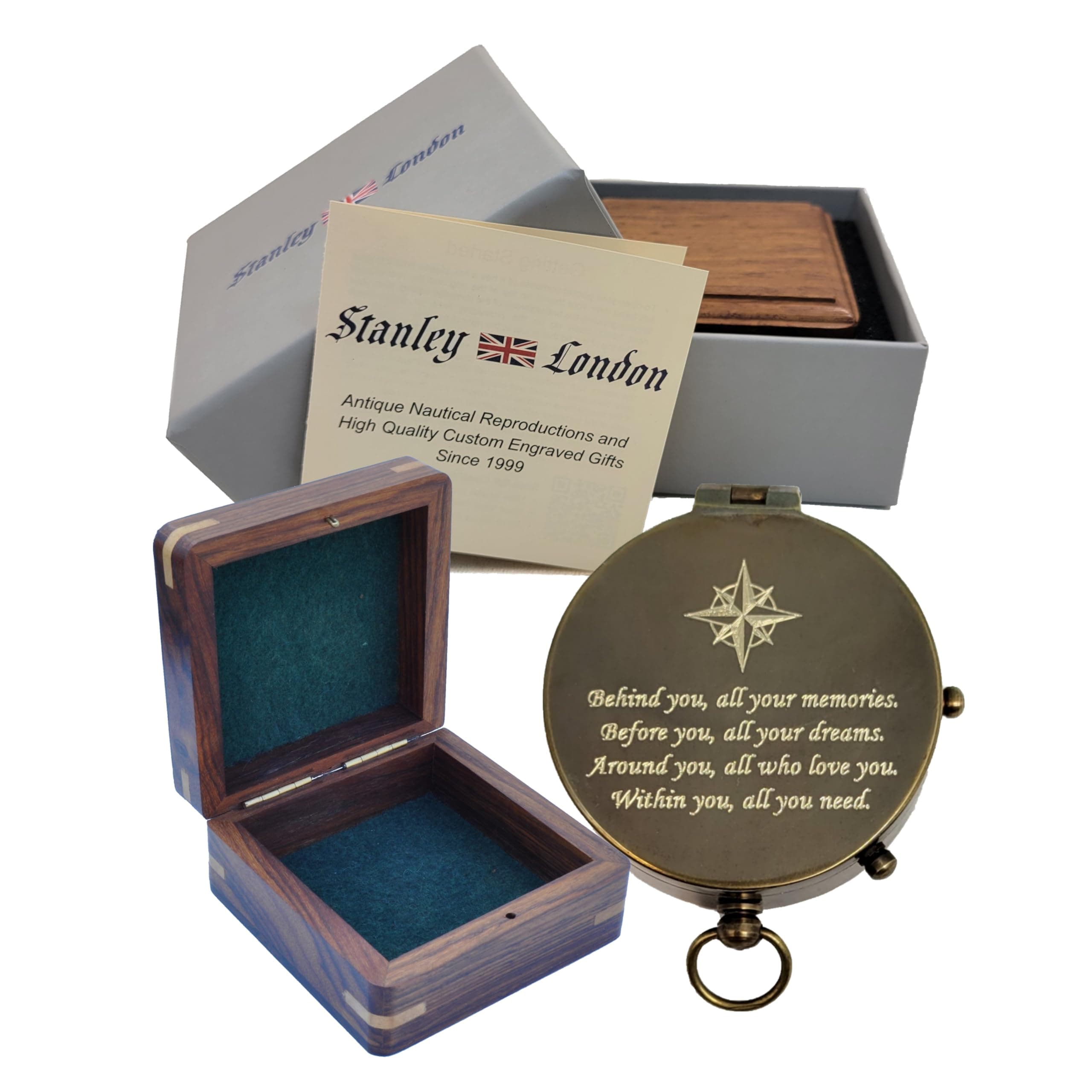 Personalized Antique Brass Pocket Compass with Custom Engraving – Engraved Compass Gift for Graduation, Father’s Day, Anniversary, Travel, or Family Heirloom – Optional Hardwood Box