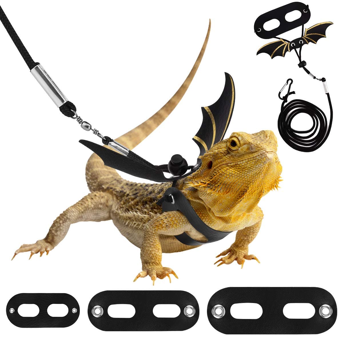 Pet Harness, 3 Leather Bearded Dragon Lizard Harness Hammock Set, Adjustable Outdoor Harness Lead for Small Pets, Lizard Reptiles - Black + Gold