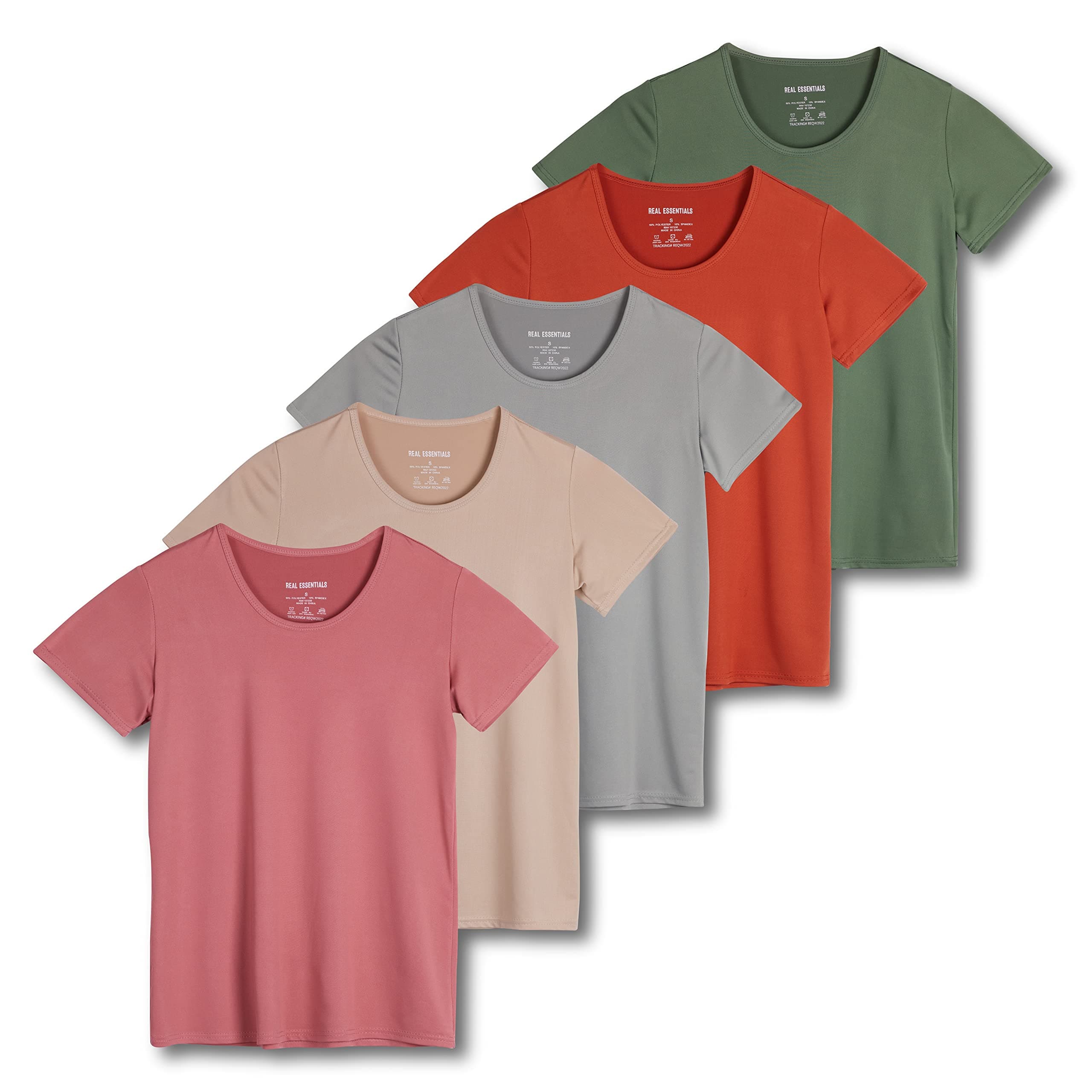 Real Essentials5 Pack: Women's Dry Fit Tech Stretch Short-Sleeve Crew Neck Athletic T-Shirt (Available in Plus Size)