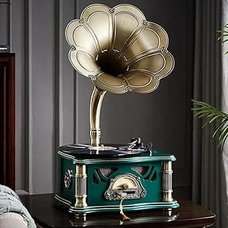 Vintage Gramophone with Bluetooth Input Vintage Record Players Retro Gramophone Turntables for 7" 9" 12" Vinyl Records 3 Speed, Hi-Fi, Handcrafted by Pure Oak (Dark Green)