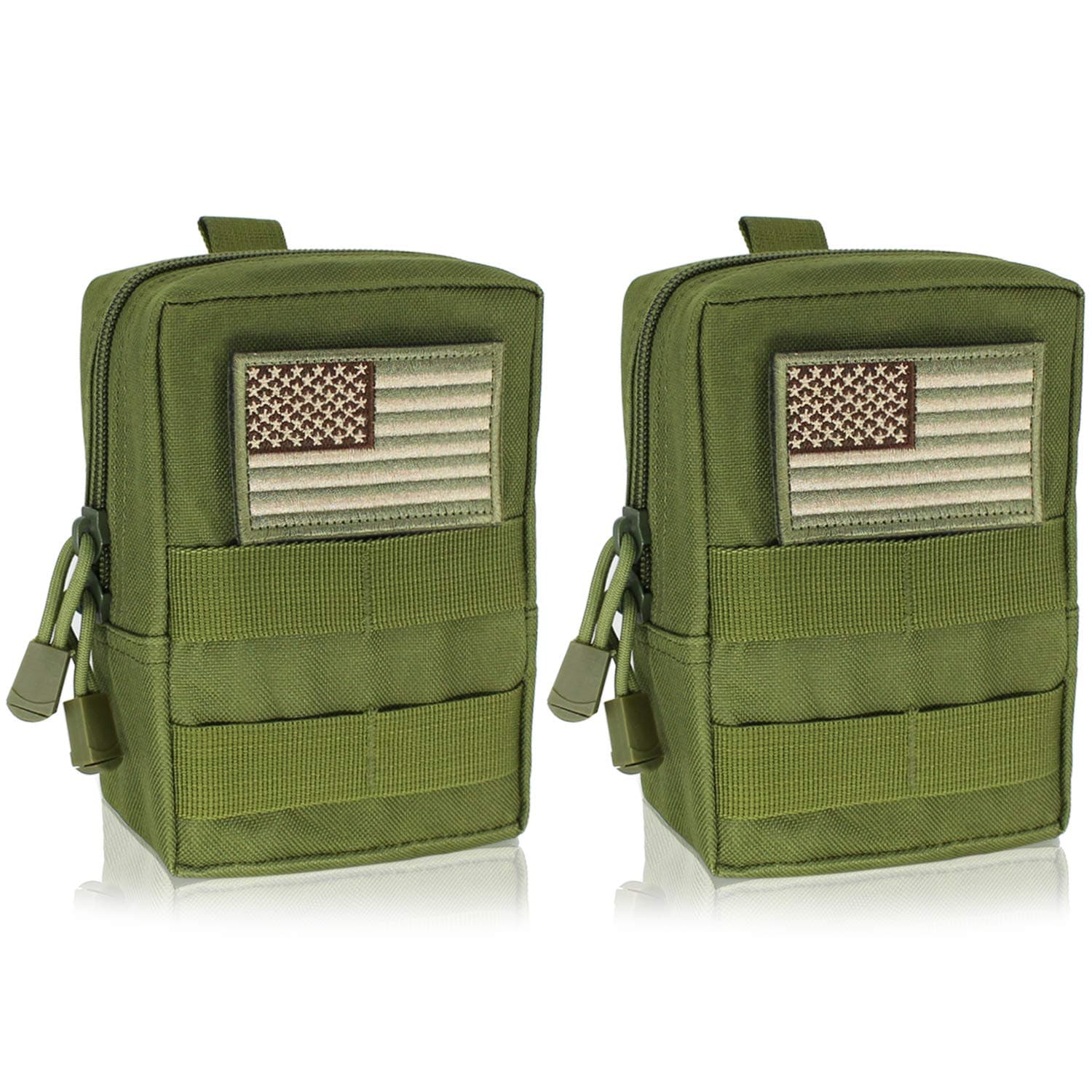 YDa Molle Pouch 2 Pack Tactical EDC Pouch Organizer for Tactical Backpack (Green+US Flag Patche)