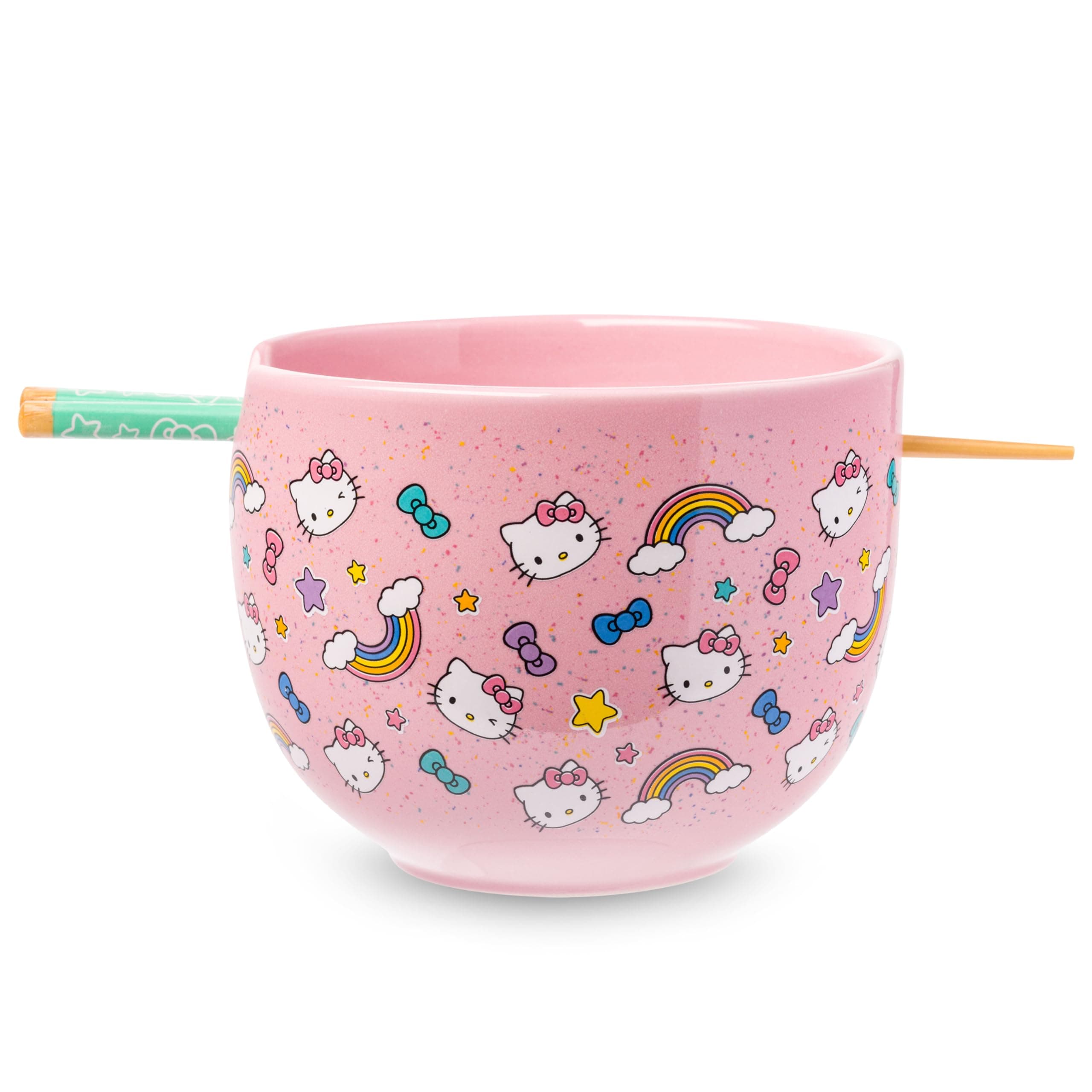Sanrio Hello Kitty Bows Stars Rainbow Pattern Ceramic Ramen Noodle Rice Bowl with Chopsticks, Microwave Safe, 20 Ounces