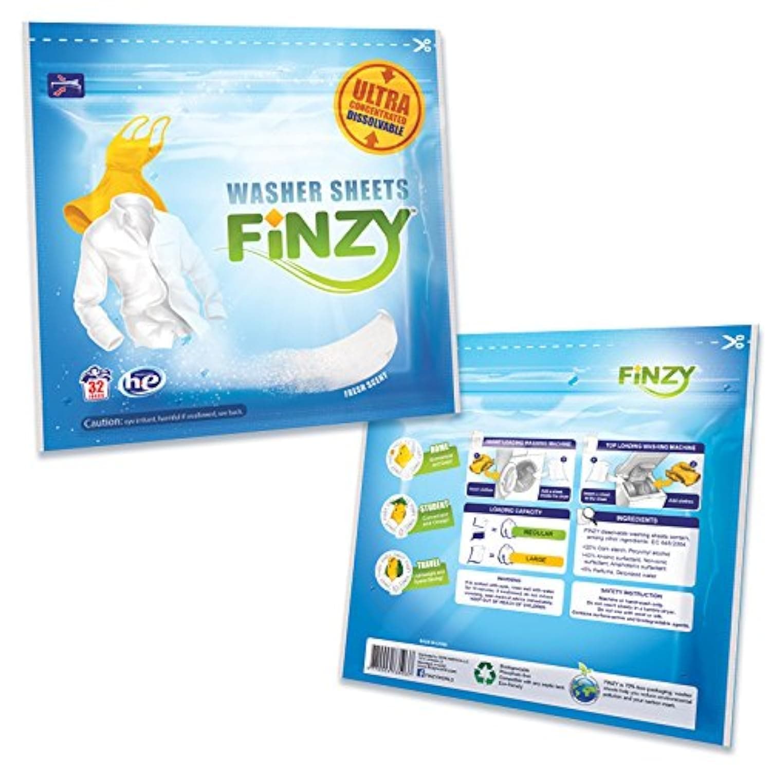 Finzy® Laundry Soap Sheets, Washer Sheets for Travel Laundry, 32 loads, Portable Individual Packages, More Efficient and Convenient than Liquid, Pods, or Pacs - Travel & Eco Friendly
