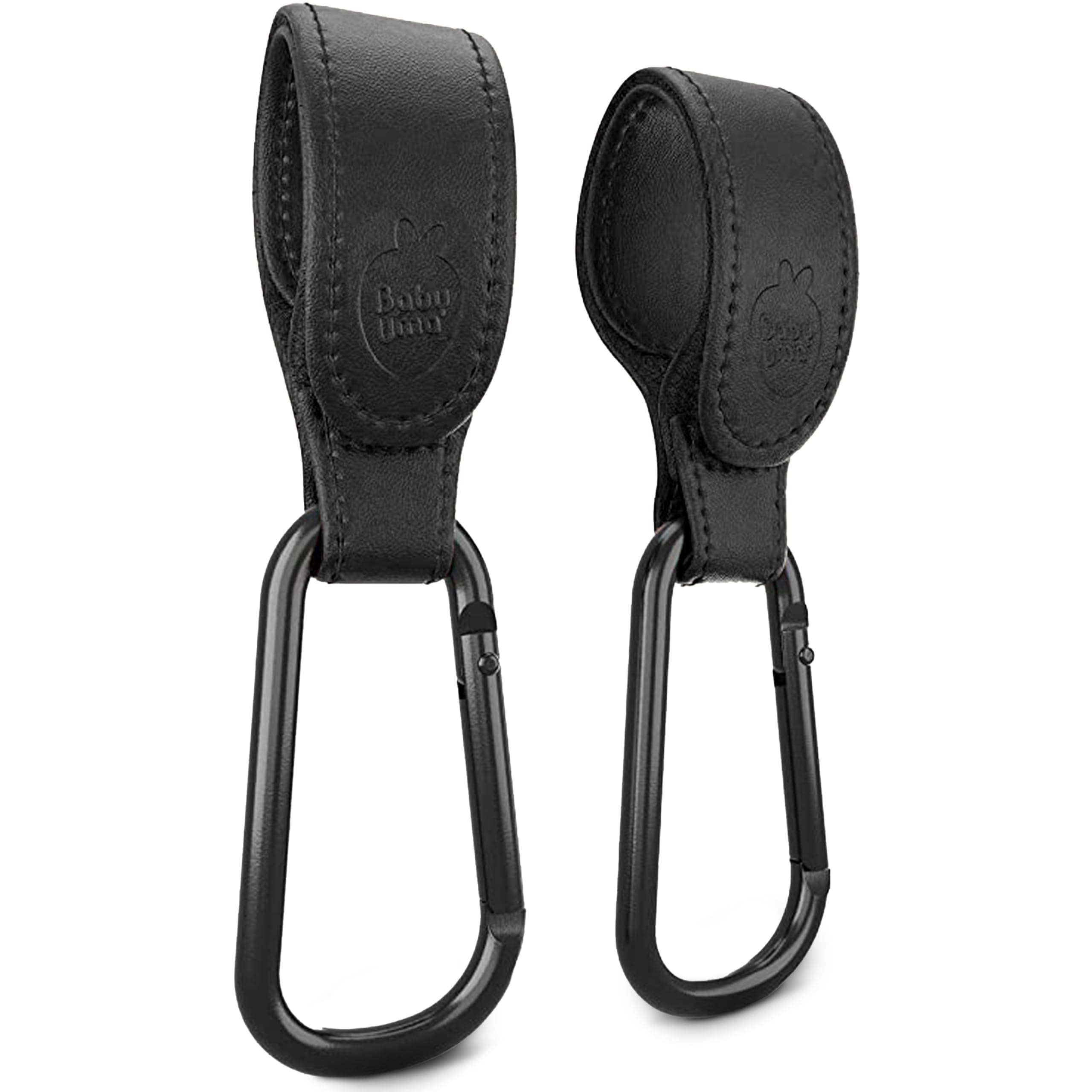 Baby Uma Leather-Style Buggy Clips (2 Pack) - Universal Pram Clips, Non-Slip Buggy Accessories, Carry 5 kg per Carabiner, Baby Travel Essentials (Black)