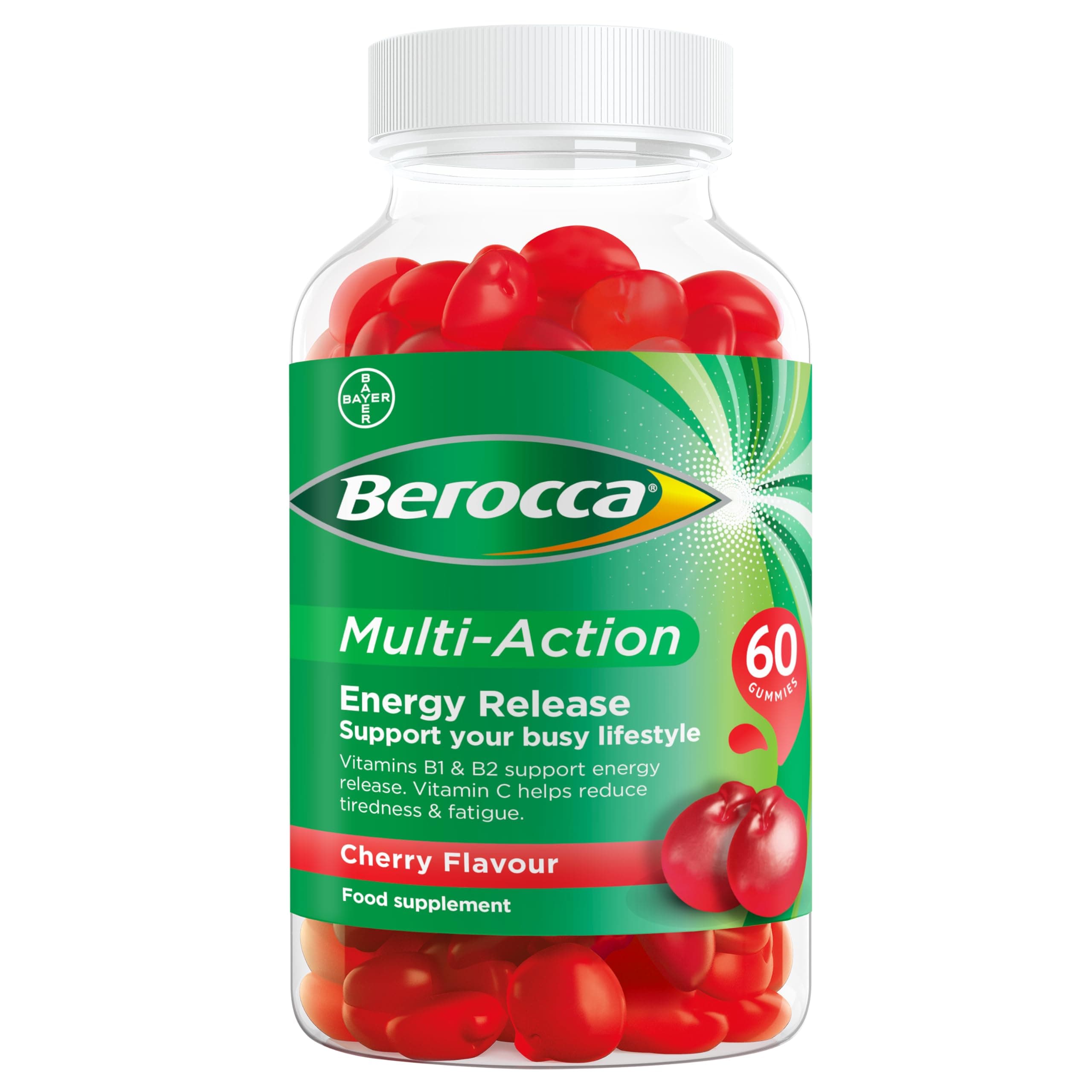 Berocca Multi-Action Multivitamin Gummies - Including Vitamin D, C, A, B-Complex (B1, B2, B3, B6, B7 & B12), E - Supplement for Women, Men and Kids - 60 Gummies - Cherry Flavour