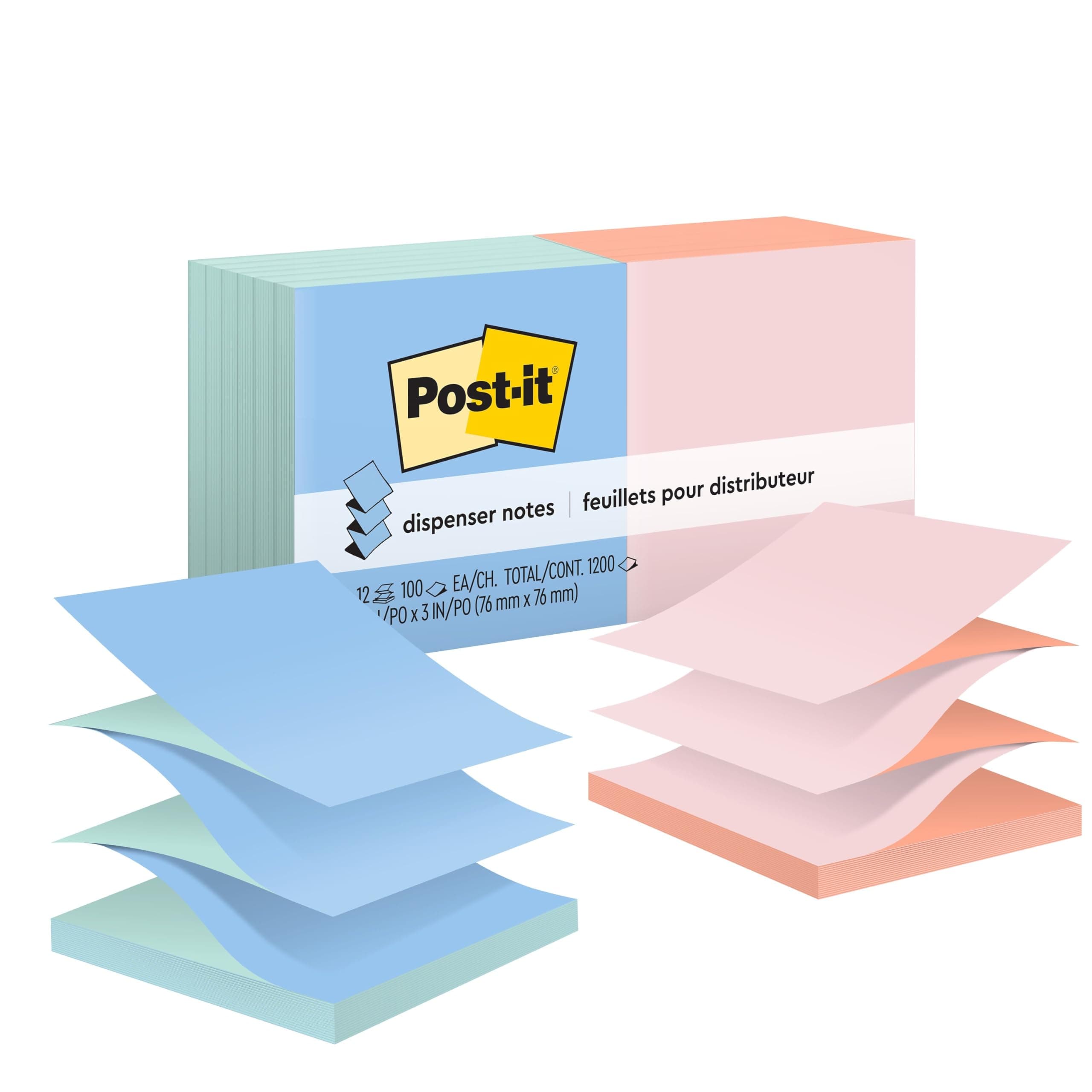 Pop-up Notes, 12 Sticky Note Pads, 3 x 3 in., School Supplies, Office Products, Accordion Sticky Notes Work with Pop-Up Note Dispenser, Beachside Café Collection, Alternating Colors