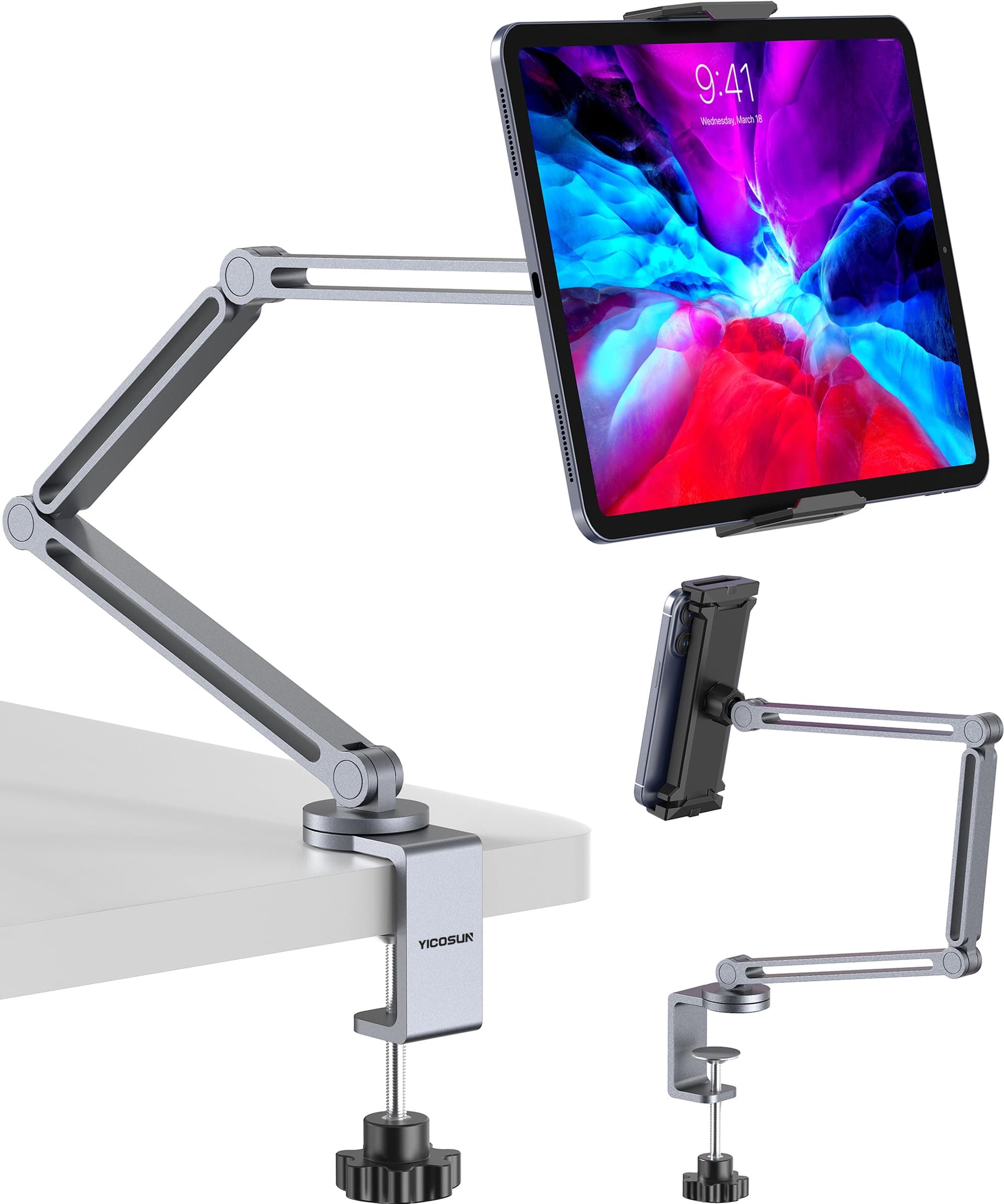 Tablet Arm Mount with Super Grip, Adjustable Foldable Holder & Heavy Duty Aluminum 360° Rotating Clamp for iPad, Phone, Monitor, Kindle - Universal for Desk, Bed, Kitchen - Gray