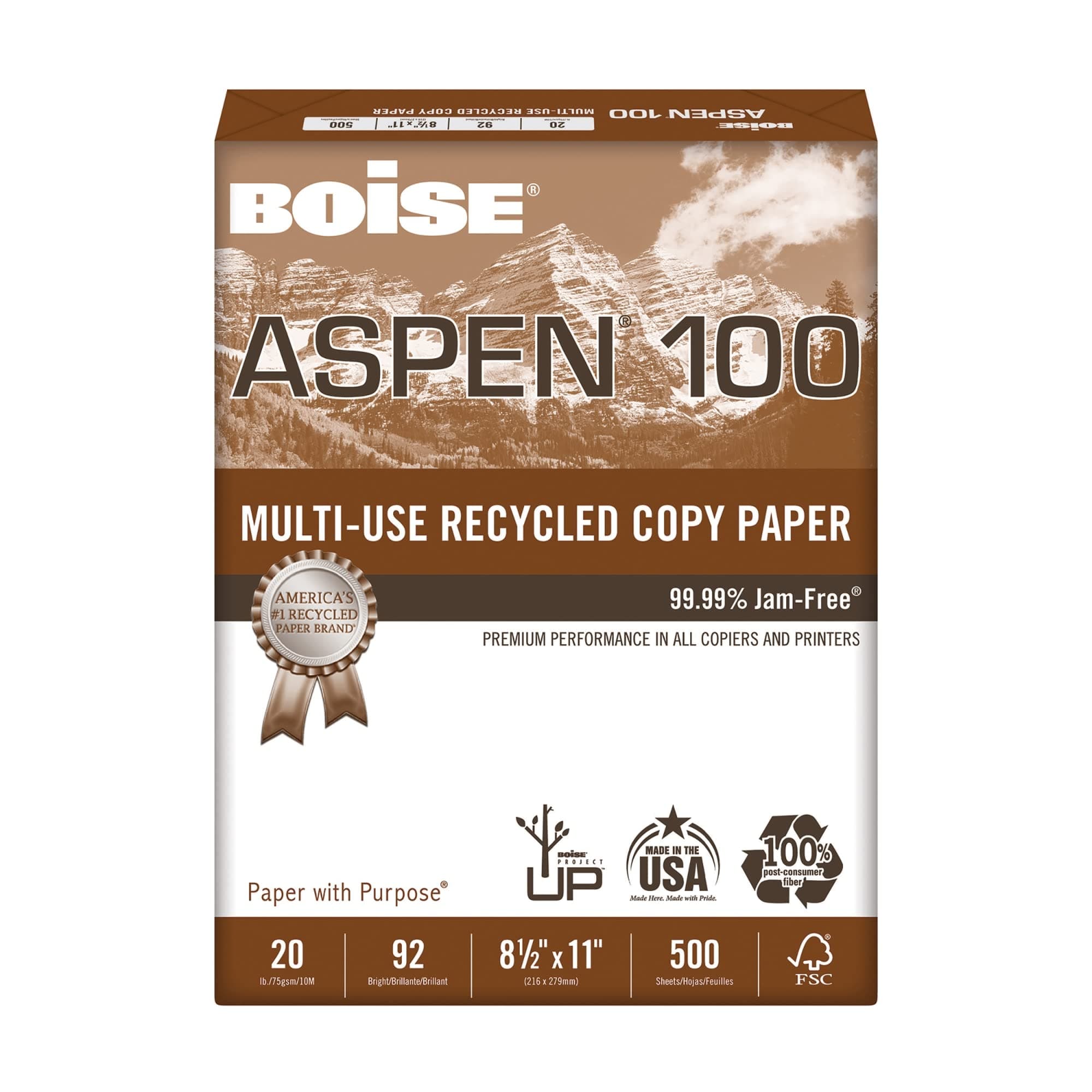 Boise® ASPEN® 100 Multi-Use Printer & Copy Paper, 1 Ream, White, Letter (8.5" x 11"), 500 Sheets Per Ream, 20 Lb, 92 Bri