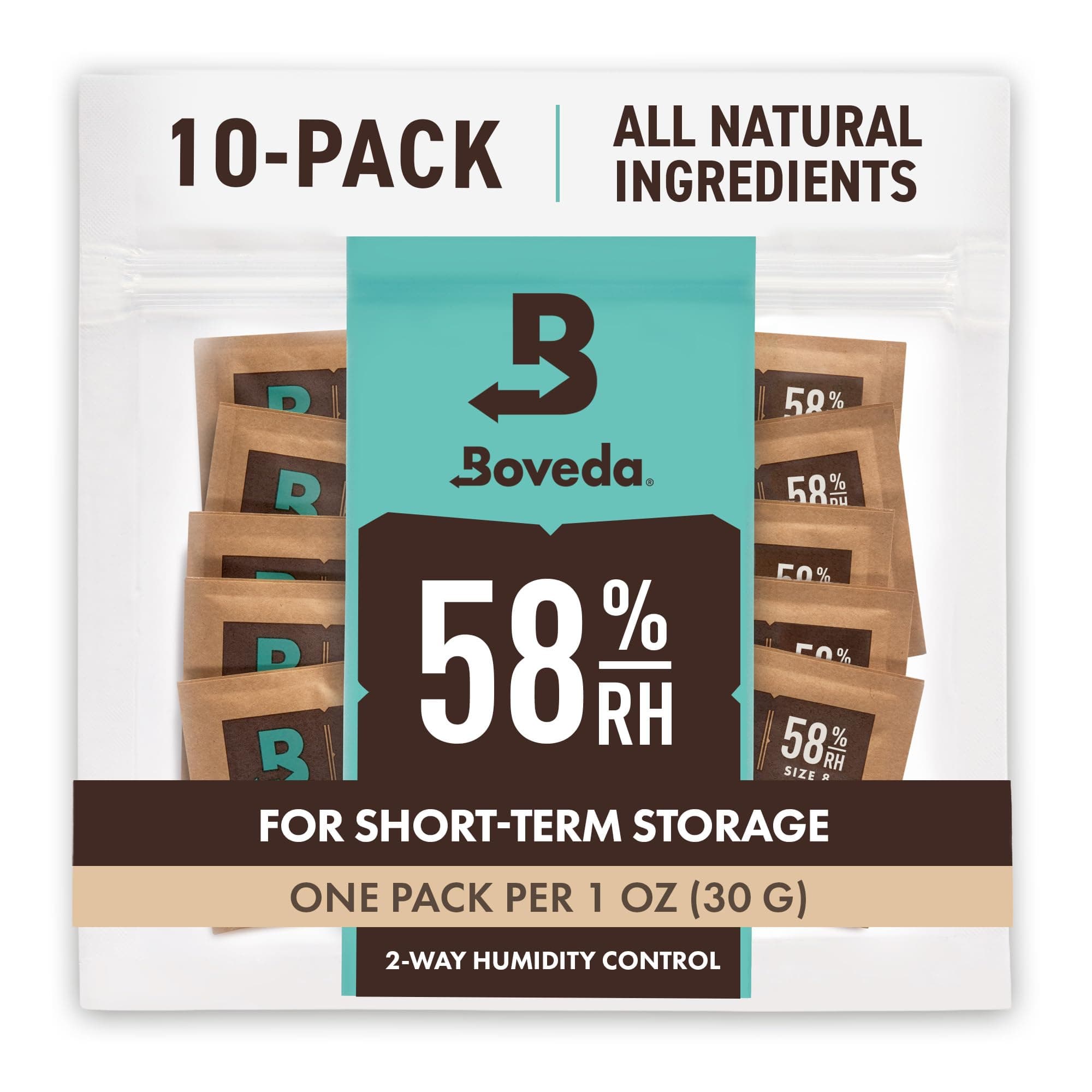 Boveda 58% Two-Way Humidity Control Packs For Storing 1 oz – Size 8 – 10 Pack – Moisture Absorbers for Small Storage Containers – Humidifier Packs – Hydration Packets in Resealable Bag