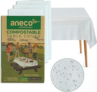 - ANECO 100% Compostable Tablecloths for Rectangle Tables (54''x108'', 3 Count) - White Disposable Rectangular Tablecloth - Anti-Plastic Table Cover for Outdoor, Party, Picnic, Wedding