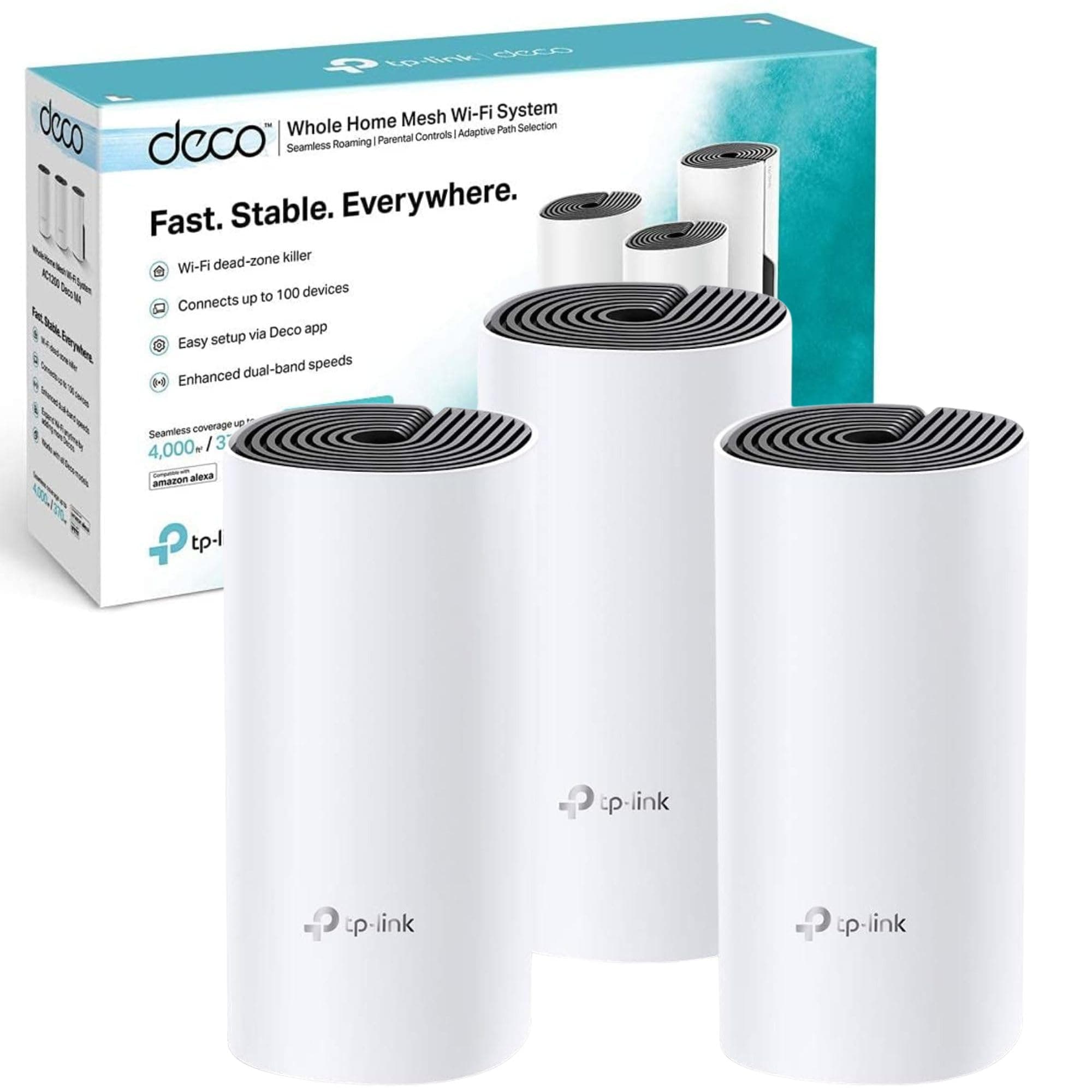 Deco M4 Whole Home Mesh Wi-Fi System, Up to 4000 sq ft Coverage, Qualcomm CPU, Dual-Band AC1200 with Gigabit Ports, Compatible with Amazon Echo/Alexa, Parent Control, Pack of 3