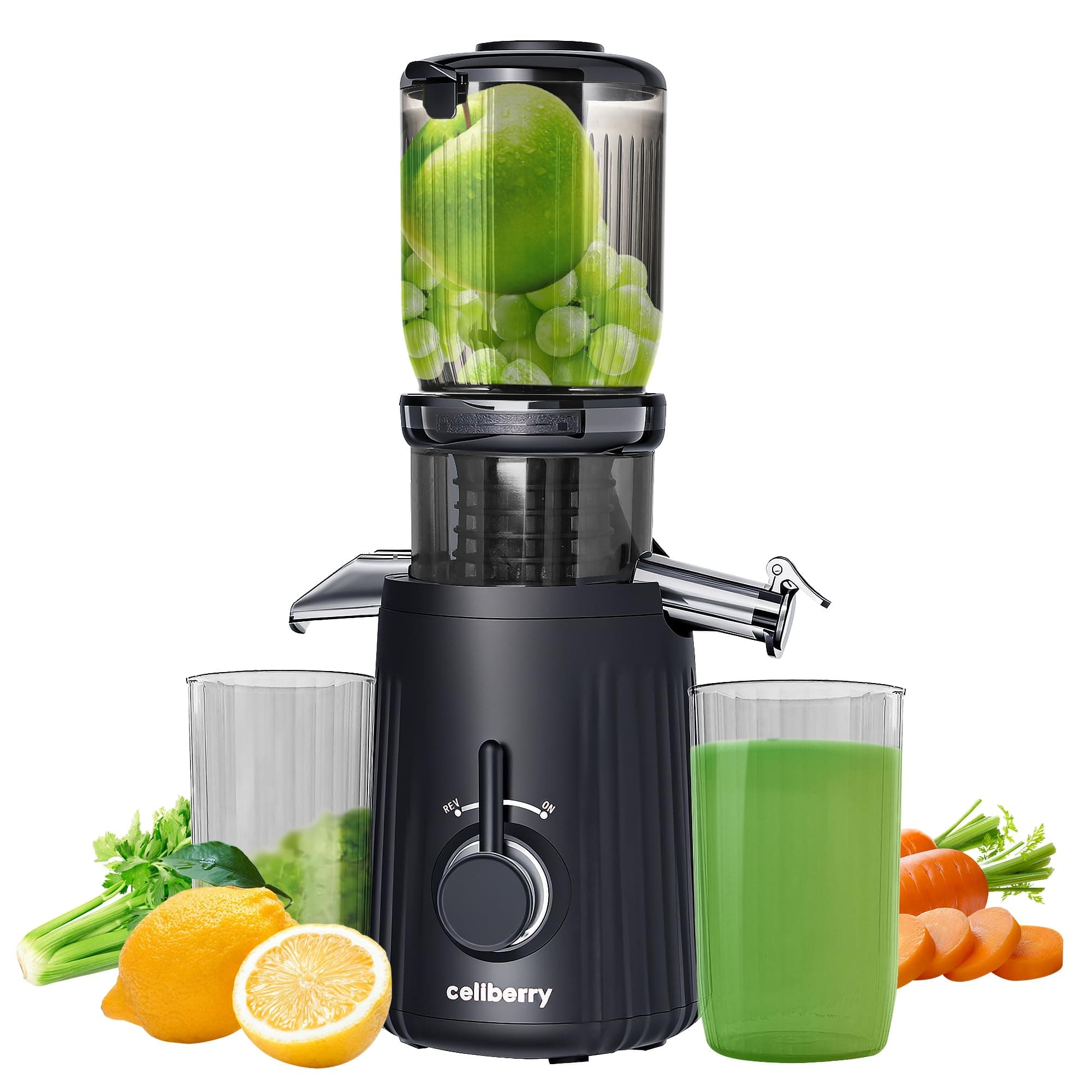 Cold Press Juicer, celiberry Slow Masticating Juicer Machines with 4.1" Large Feed Chute Fit Whole Vegetable and Fruit, Self Feeding Slow Juicer Easy Clean, Quiet Motor Juice Extractor
