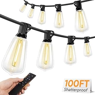 - Brightever LED Outdoor String Lights with Remote, 100FT Commercial Grade Waterproof Outdoor Patio Lights, 30+2 ST38 Dimmable Edison Bulbs, 2700K Warm White Rope Light for Outside, Low Voltage 24V