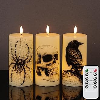 Halloween Decorations Flameless Candles with Remote Timer - Skull, Spider Web, Crow Raven Decals Set of 3, Battery Operated Halloween Decor Indoor LED Candle Horror Gothic Punk Real Wax