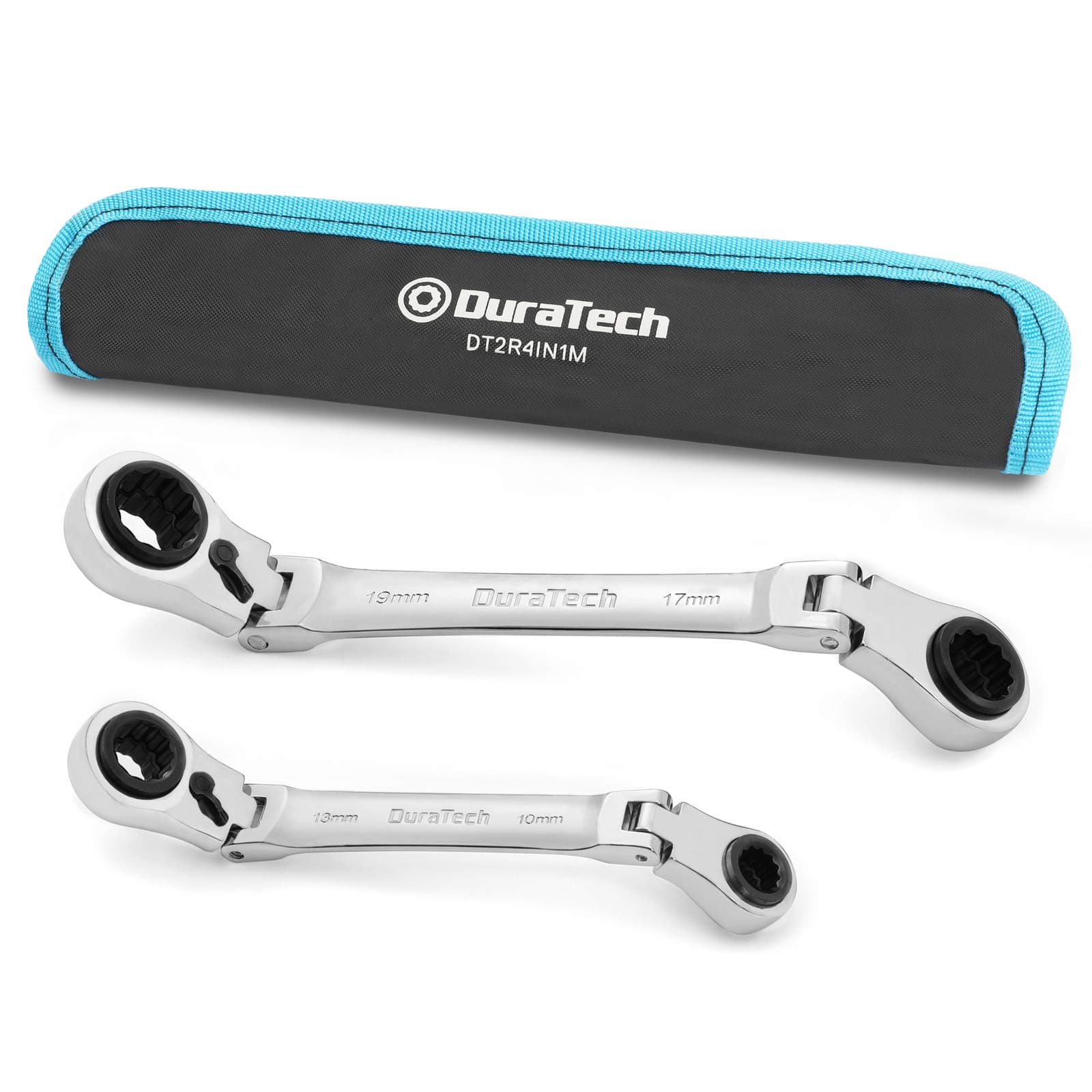 DURATECH 4-in-1 Flex-Head Reversible Ratcheting Box Wrench Set, Metric, 2-Piece, 8mm to 19mm, 12 Point, CR-V Steel, with Rolling Pouch
