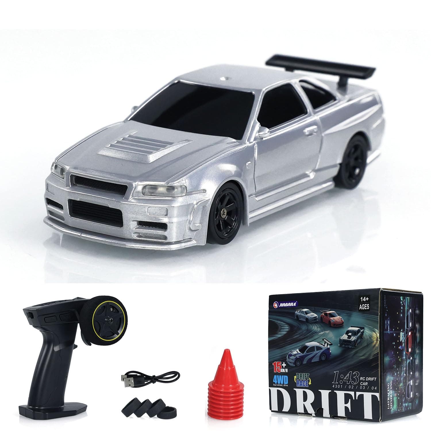 Remote Control Mini Drift Car 1:43 Race Car Radio Lights Traffic Safety Cone Silver