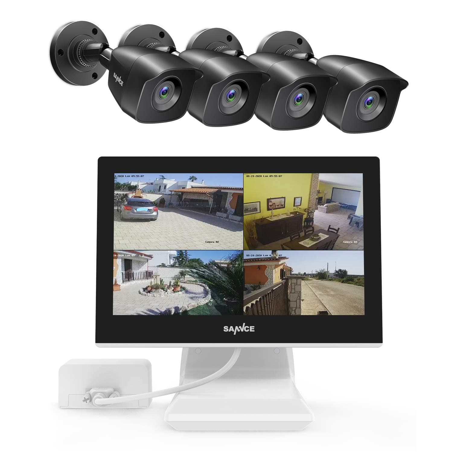 True All-in-One Wired Security Camera System with Built-in 10.1 LCD Monitor,SANNCE 4CH 1080P Surveillance DVR Recorder with 4Pcs Metal 100ft Night Vision Cameras, Easy Remote Access (No HDD Included)