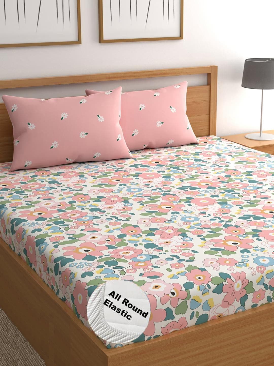 Cotton Feel Glace Cotton Elastic Fitted Printed King Size Double Bed Bedsheet with 2 Pillow Covers Fits Upto 12 inches Mattress,Size- 72x78x12 Inches,Pink Flower