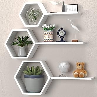Wooden Hexagon Floating Shelves, Honey Comb Set of 6, Geometric Wall Decor for Bedroom, Living Room, Bathroom, Kitchen, Office - White Honeycomb Mounted Shelves