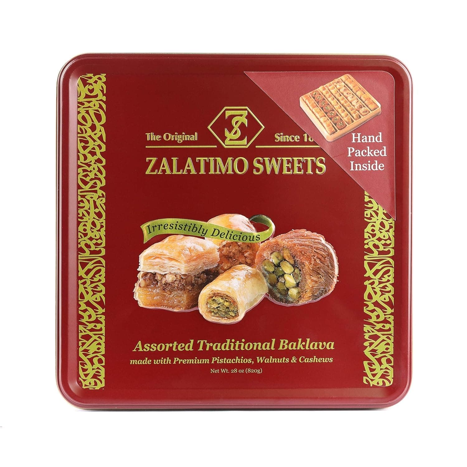 Zalatimo Sweets Since 1860 Middle Eastern Assorted Baklava 1.8lb - Handmade Mediterranean Sweets square Metal Gift Tin - No Syrup,or Additives - Ramadan, Christmas, Birthdays, Weddings, Holidays
