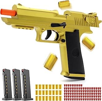 Automatic Shell Ejecting Toy Gun with Soft Bullets, Gold Fidget Gun Toy Pistol with 110 Bullets & 24 Shells, Educational Outdoor Shooting Game Toys, Gifts for Birthday Halloween Christmas
