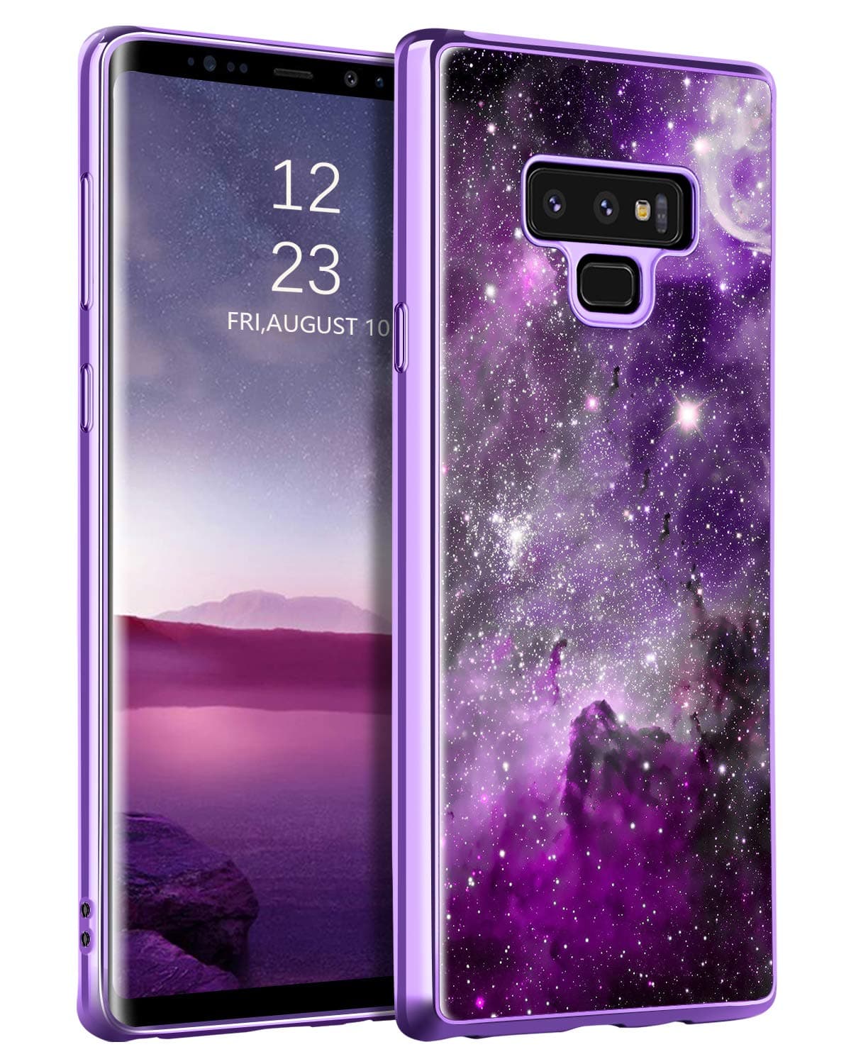 for Galaxy Note 9 Case, Slim Fit Glow in The Dark Shockproof Hybrid Hard PC Soft TPU Bumper Drop Protective Girls Women Men Phone Cover for Samsung Galaxy Note 9 6.4", Purple Galaxy