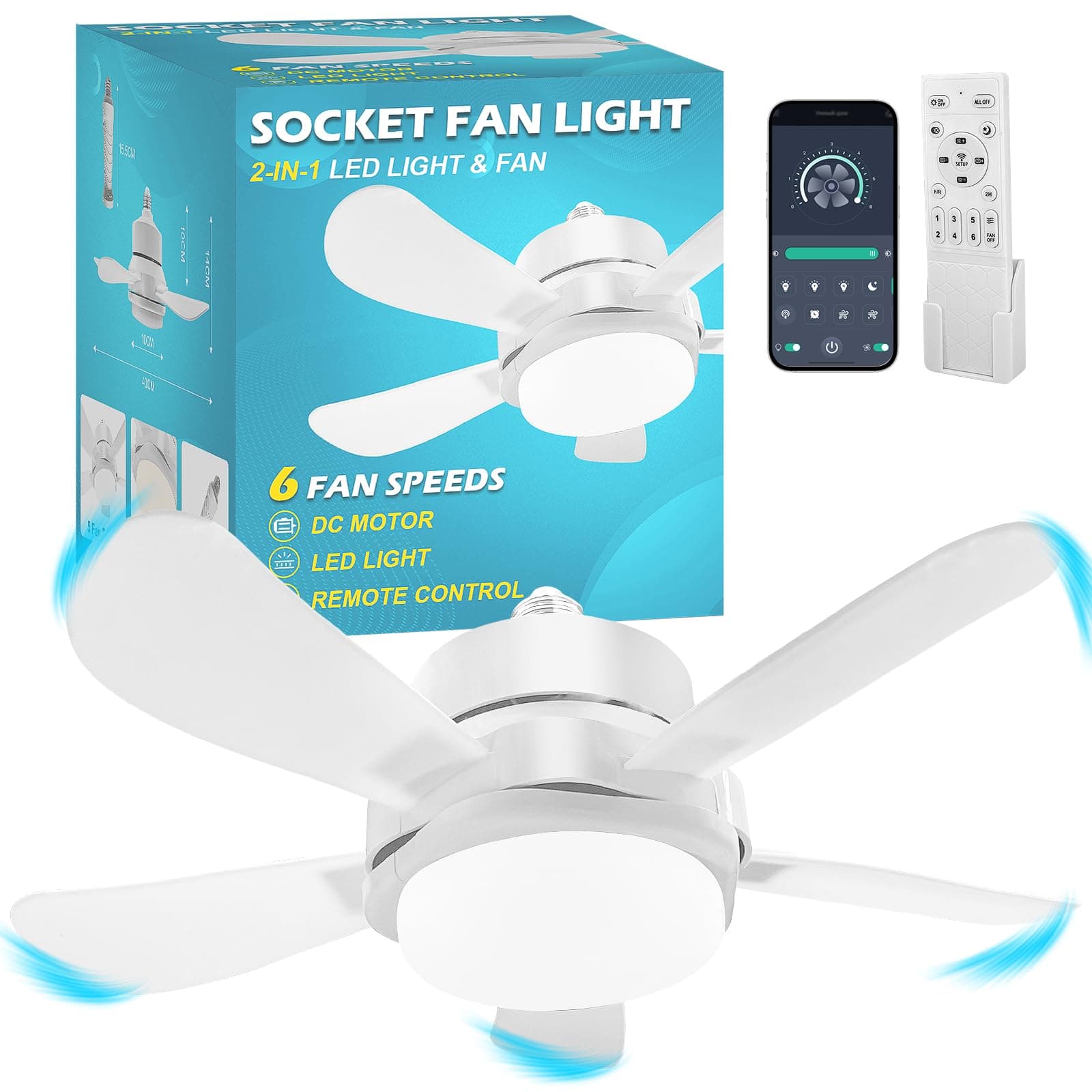 Socket Fan Light With Remote, Screw Ceiling Fans with Lights, 5 Reversible Blades, Quiet 6-Speed DC Motor, Dimmable Socket Fan for Garage Bathroom Kitchen, 6000 Kelvins As Seen On TV (White) (White)