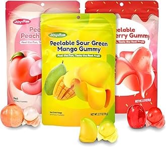 Peelable Gummy Candy Intense Mango Peach Stawberry Mix Flavor Fruit Chewy Gummi Snack Low Sugar & Calorie, Individual Soft & Chewy Candy Snacks (3-PACK 9.53OZ, Mixed-Fruit)