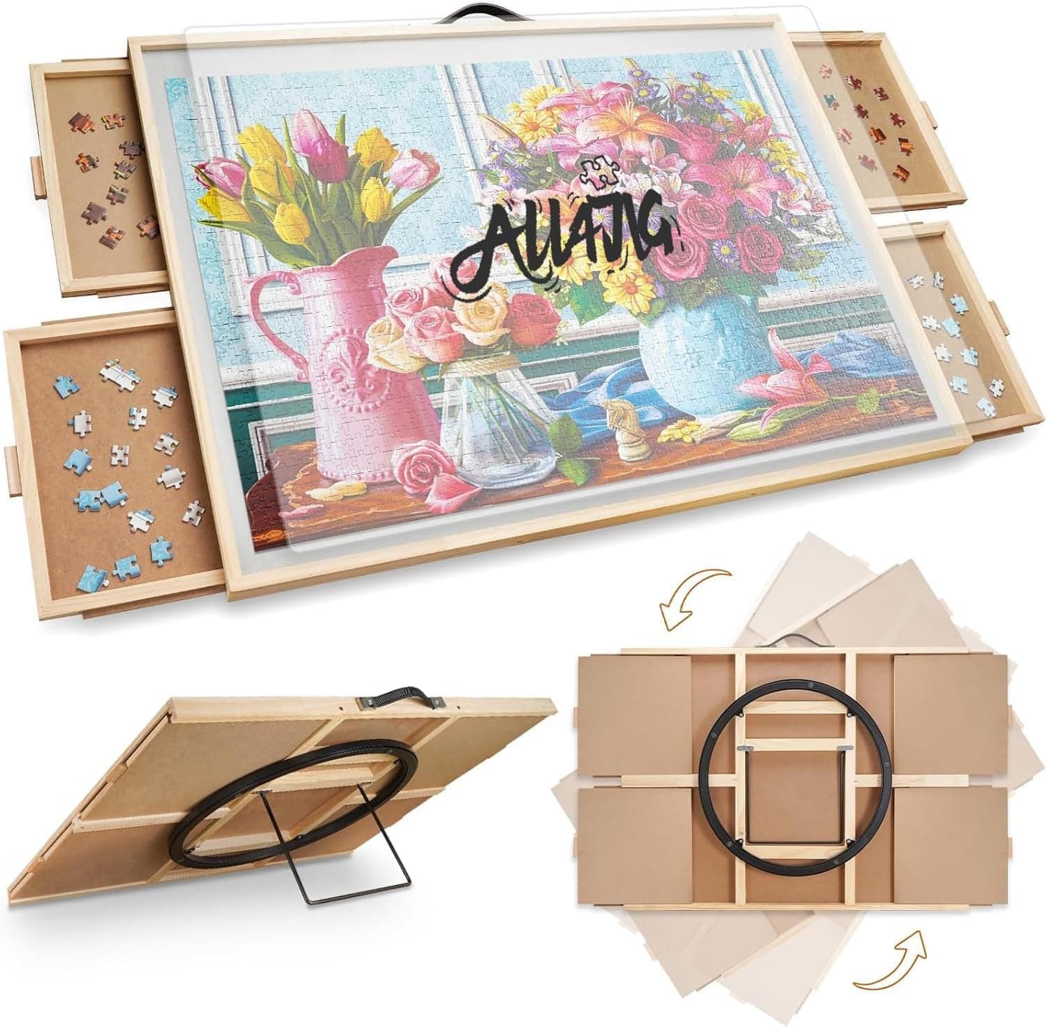 - 2000 Pieces 2-in-1 Tilting & Rotating Puzzle Board, 40.16" x 28.5"Adjustable Angle Puzzle Board with 4 Drawers & Clear Protective Cover, Birthday Gift for mom