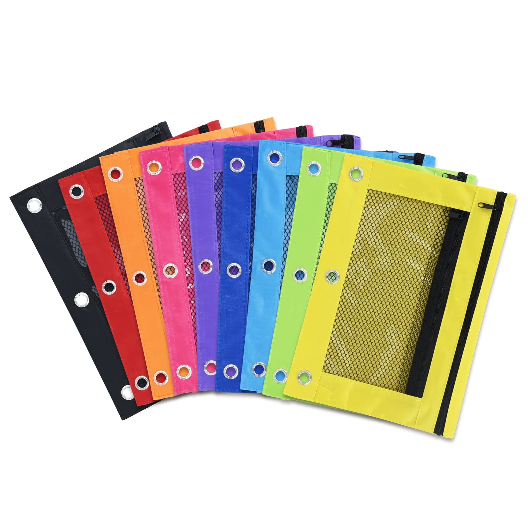 EAONE 9Pack Pencil Pouch for 3 Ring Binder 9 Color with Mesh Zipper Double Pocket Pencil Bag Pouch Bulk for Office, Home, School Supplies